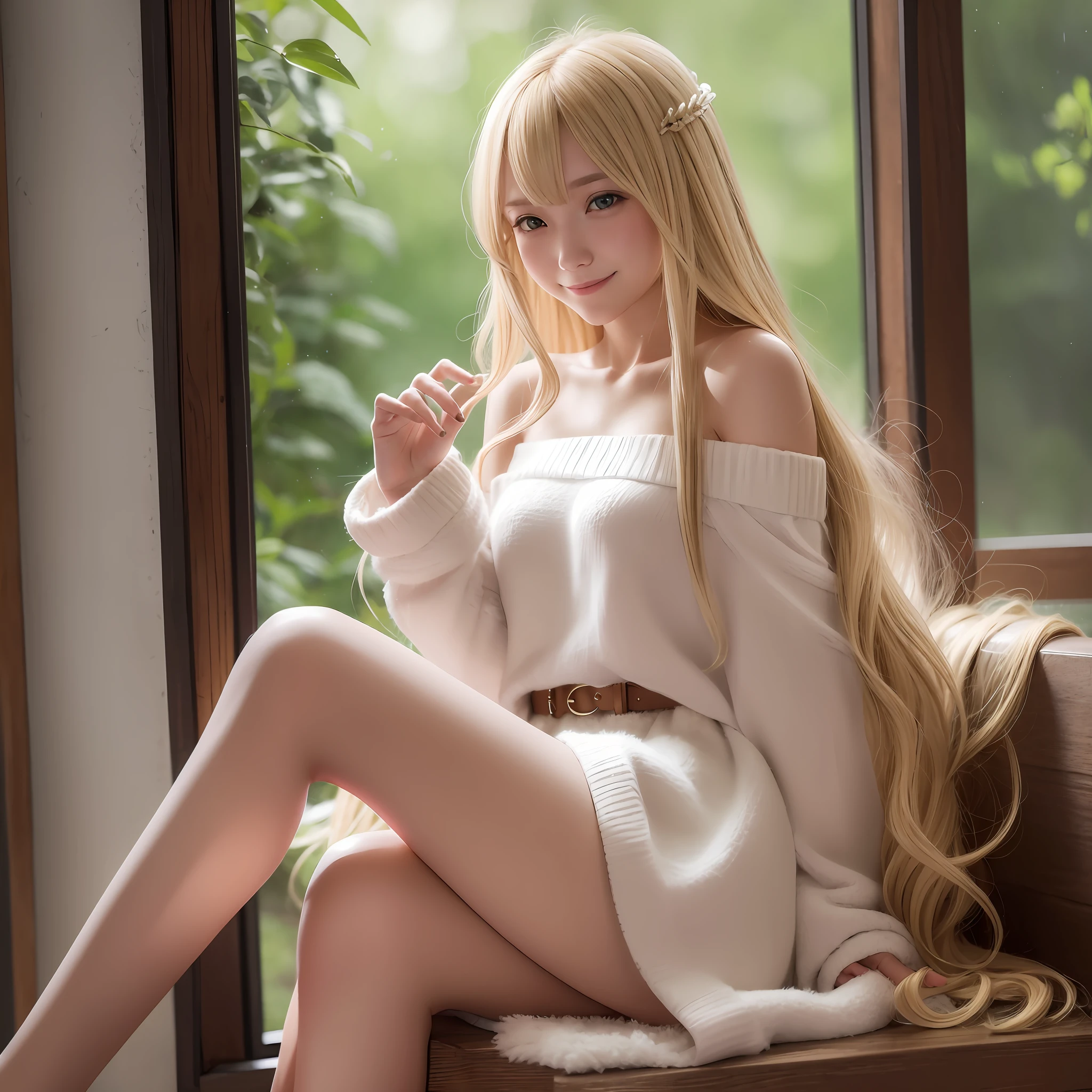 blonde, long hair, one girl, fluffy clothes, miniskirt, off-shoulder, sitting, sexy, blush, smile,