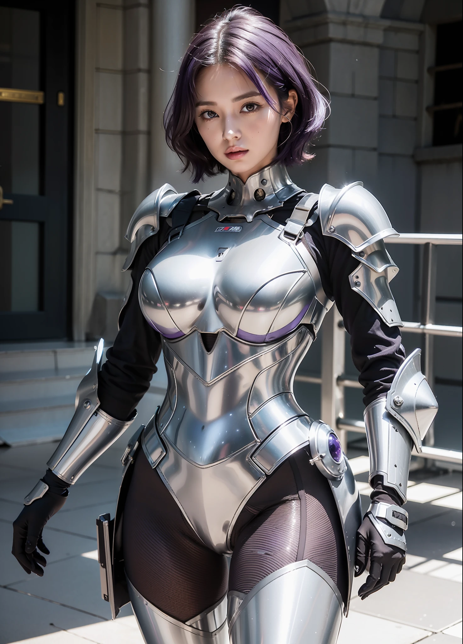 3dmm style,a nude portrait of a giant [seductress|babe] , science fiction, [(crNanosuit|War_Glam)::0.5], [power armor|armor] ,armored, wearing [(crNanosuit|War_Glam)::0.5]_breastplate, perfect face, pretty face, purple eyes, purple hair, very short hair, flat chest, lush detail, absurdres