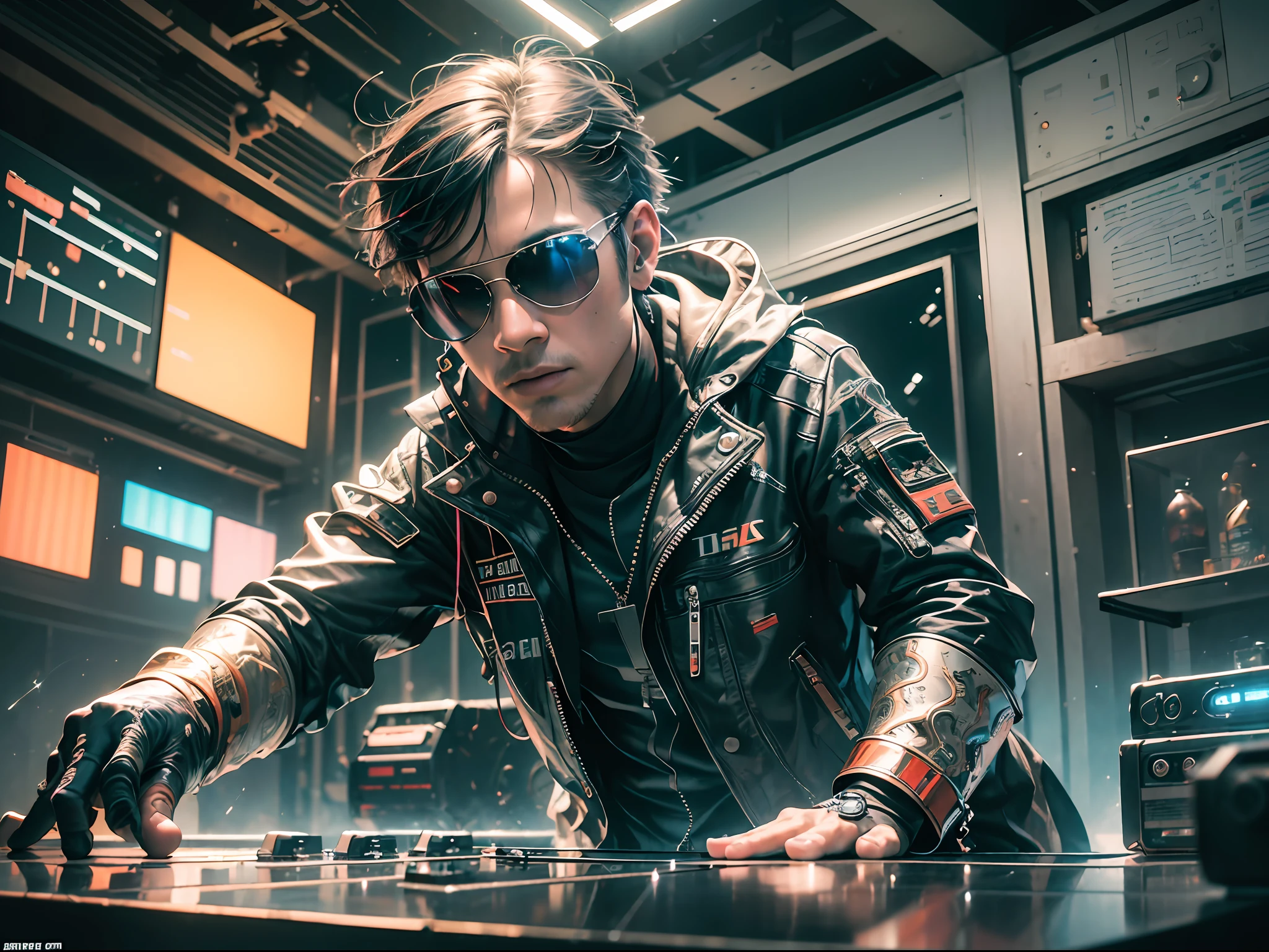 (masterpiece, high resolution, vibrant:1.5), a perfect photograph capturing a DJ immersed in his craft, (playing music while colorful lights from the overhead spotlights dance around him:1.4), he wears stylish sunglasses, adding a touch of coolness to his persona, (flawlessly capturing the energy and atmosphere of the moment:1.3), Cinematic, Hyper-detailed, insane details, Beautifully color graded, Unreal Engine, DOF, Super-Resolution, Megapixel, Cinematic Lightning, Anti-Aliasing, FKAA, TXAA, RTX, SSAO, Post Processing, Post Production, Tone Mapping, CGI, VFX, SFX, Insanely detailed and intricate, Hyper maximalist, Hyper realistic, Volumetric, Photorealistic, ultra photoreal, ultra-detailed, intricate details, 8K, Super detailed, Full color, Volumetric lightning, HDR, Realistic, Unreal Engine, 16K, Sharp focus, octane render --v testp