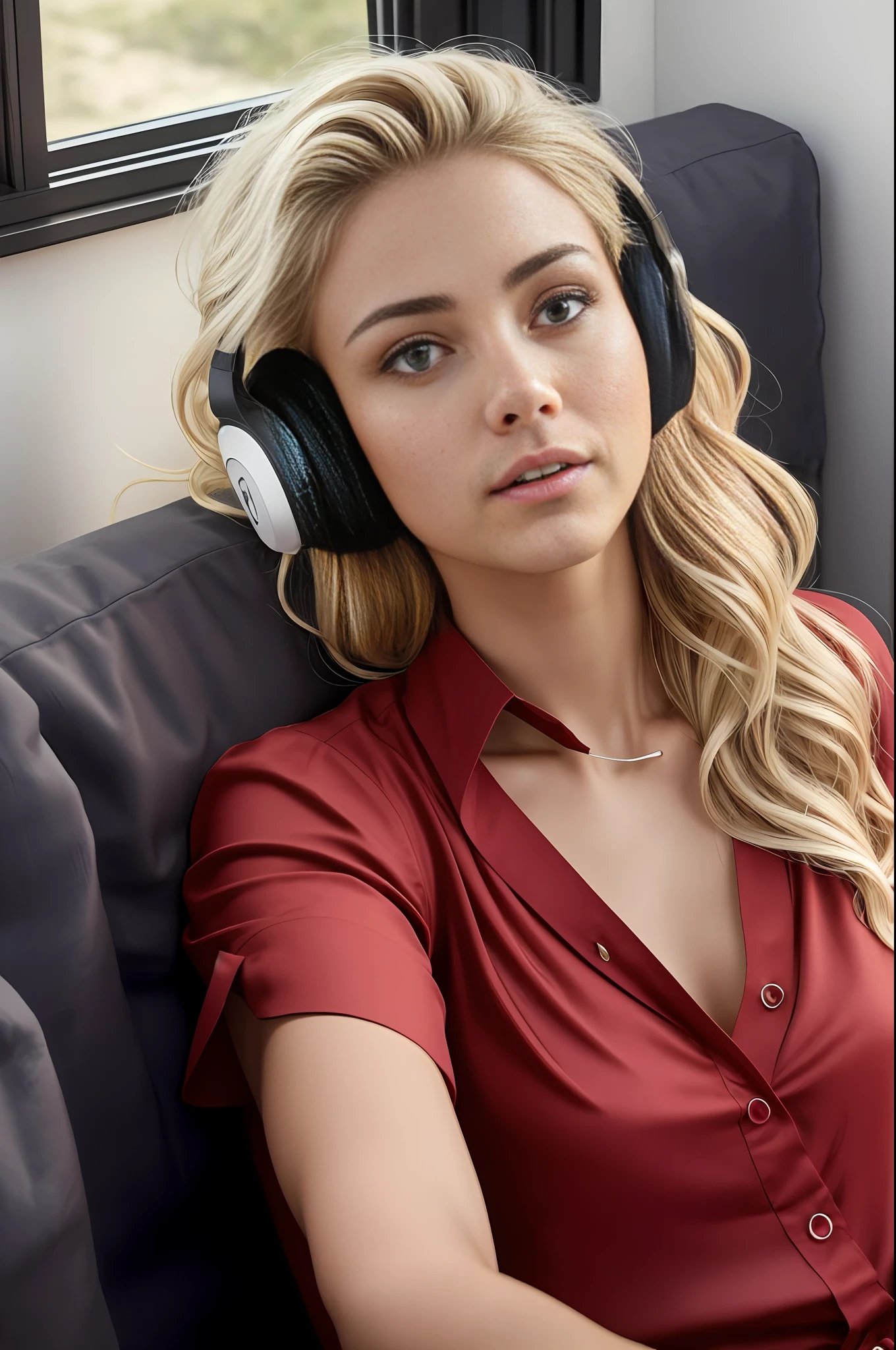 absurdres, RAW photo, highest quality, (masterpiece: 1.3), high detail RAW color photo, professional photo, extremely detailed CG 8k wallpaper unit, photo-realistic, realistic, RAW photo, masterpiece, best quality, highres,
1girl, 19 YEARS OLD, white, blonde hair, wavy, Average length, unkempt hair, beautiful body, perfect gorgeous face, beautiful light brown realistic eyes, fair skin, detailed skin texture, very small natural breasts. Serious. Guy who just woke up. Lying on a couch with a blanket. Headphones. Selfie angle. (Red sleeping blouse, simple design). An ordinary house, small, dark.
