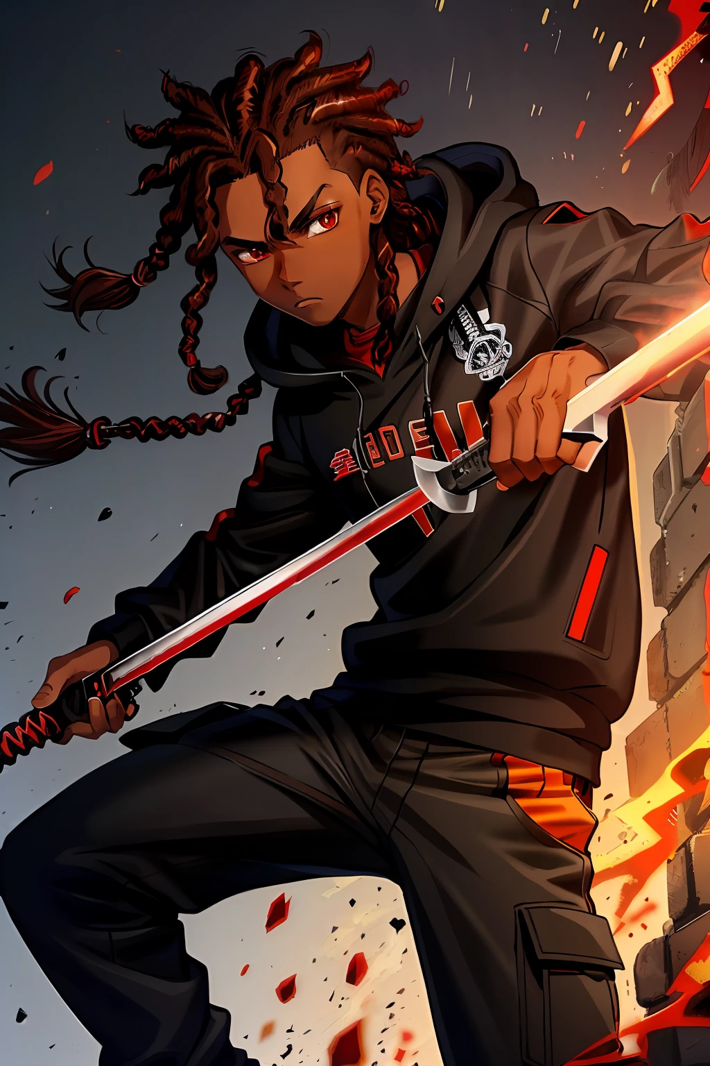 (extremely detailed), manga style, (1black boy), (1boy), solo, (red eyes), brown hair, ( (short dreadlock style hair)), black sweatshirt techwear), (black streetwear), (holding sword) , (sword of fire), (sword in flames)