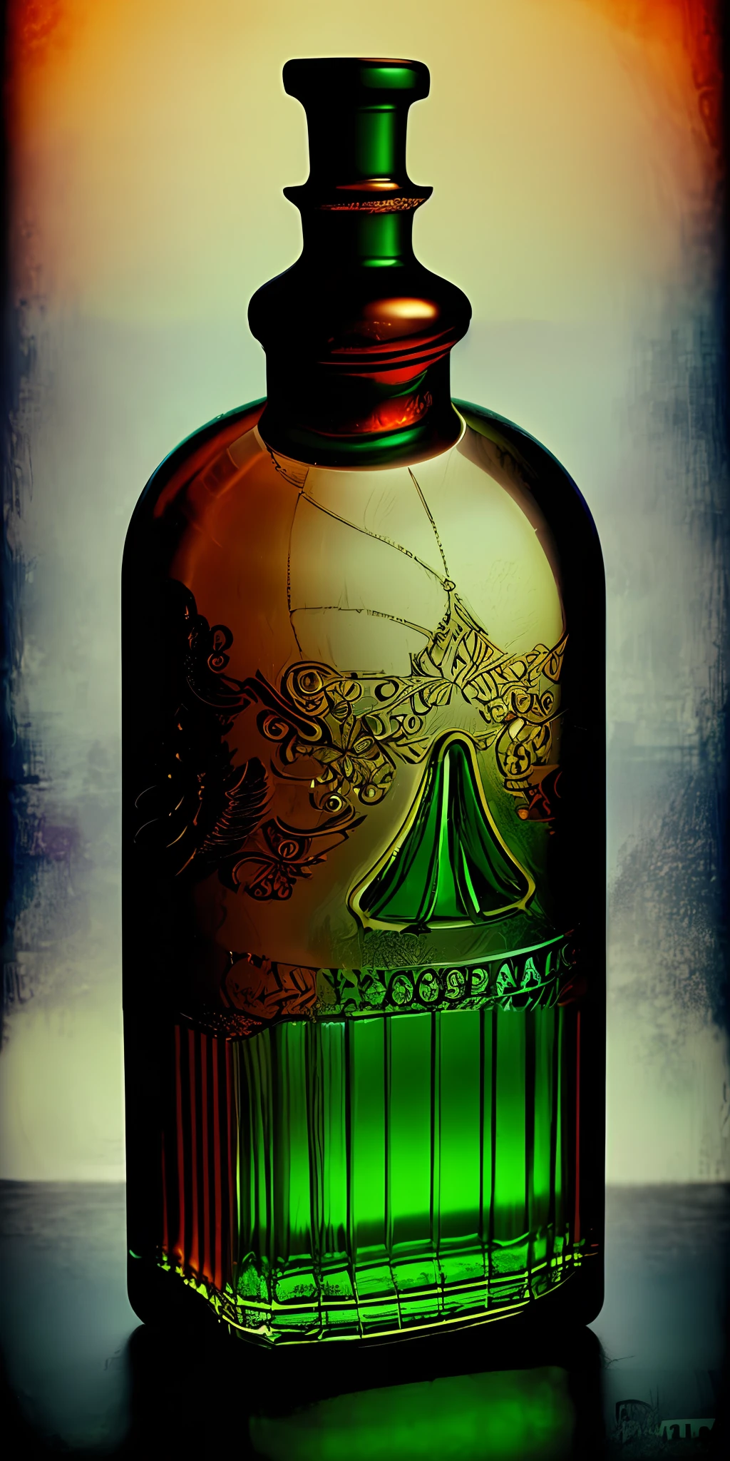 there is a bottle of alcohol with a green lid on a table, very fancy whiskey bottle, fancy whiskey bottle, hyper realistic poison bottle, whiskey bottle, absinthe, bottle, beautiful intricate glass bottle, hand - tinted, inspired by John Atkinson Grimshaw, glass bottle, ornamented, potion of healing, potion, antique perfume, texturized, perfume bottle
