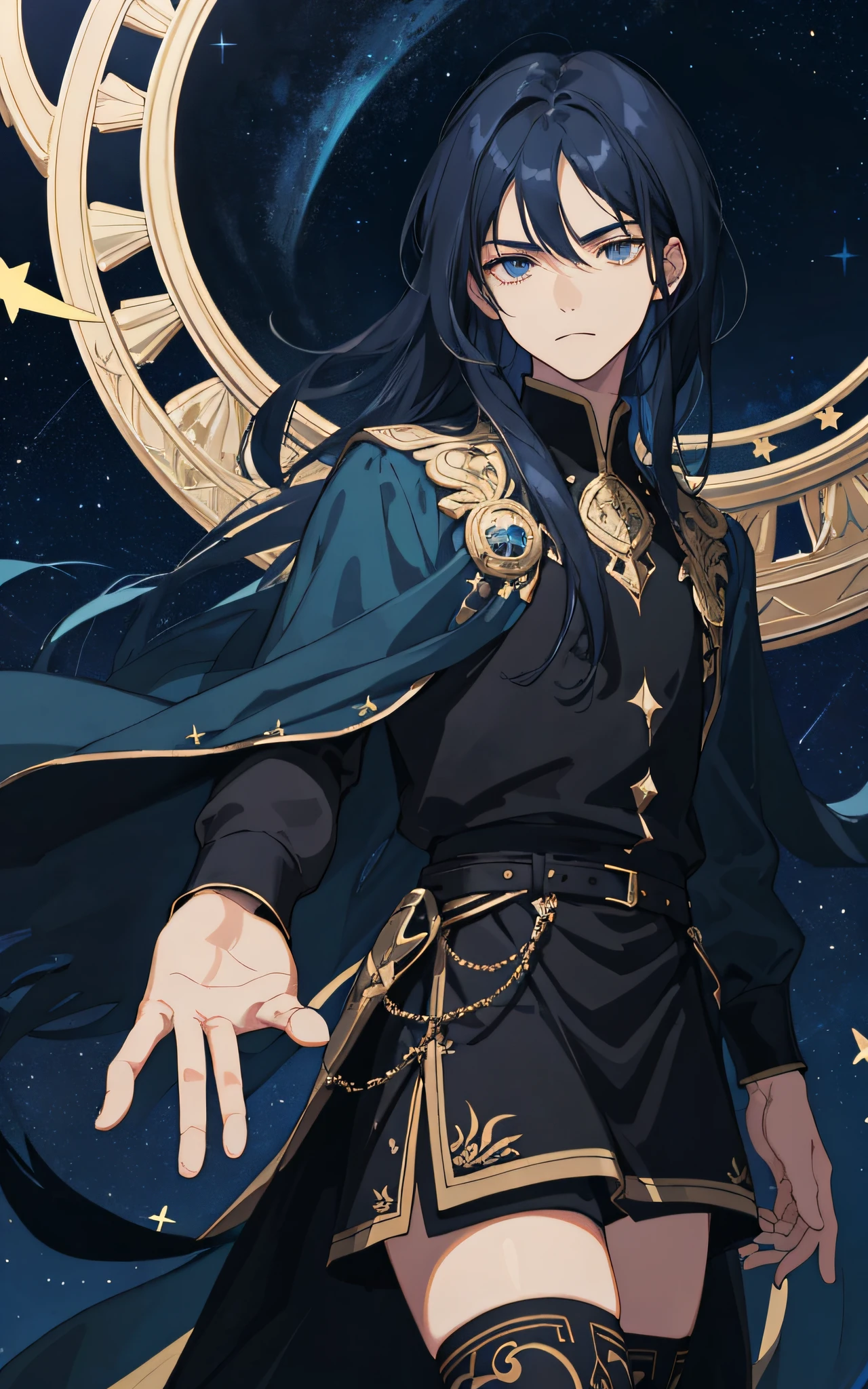 Masterpiece, best quality, teenager, male, long dark blue hair, straight hair, qi bangs, indifferent expression, intricate details, delicate black skirt, dark night, starry sky, stars, black, blue, gold, black background