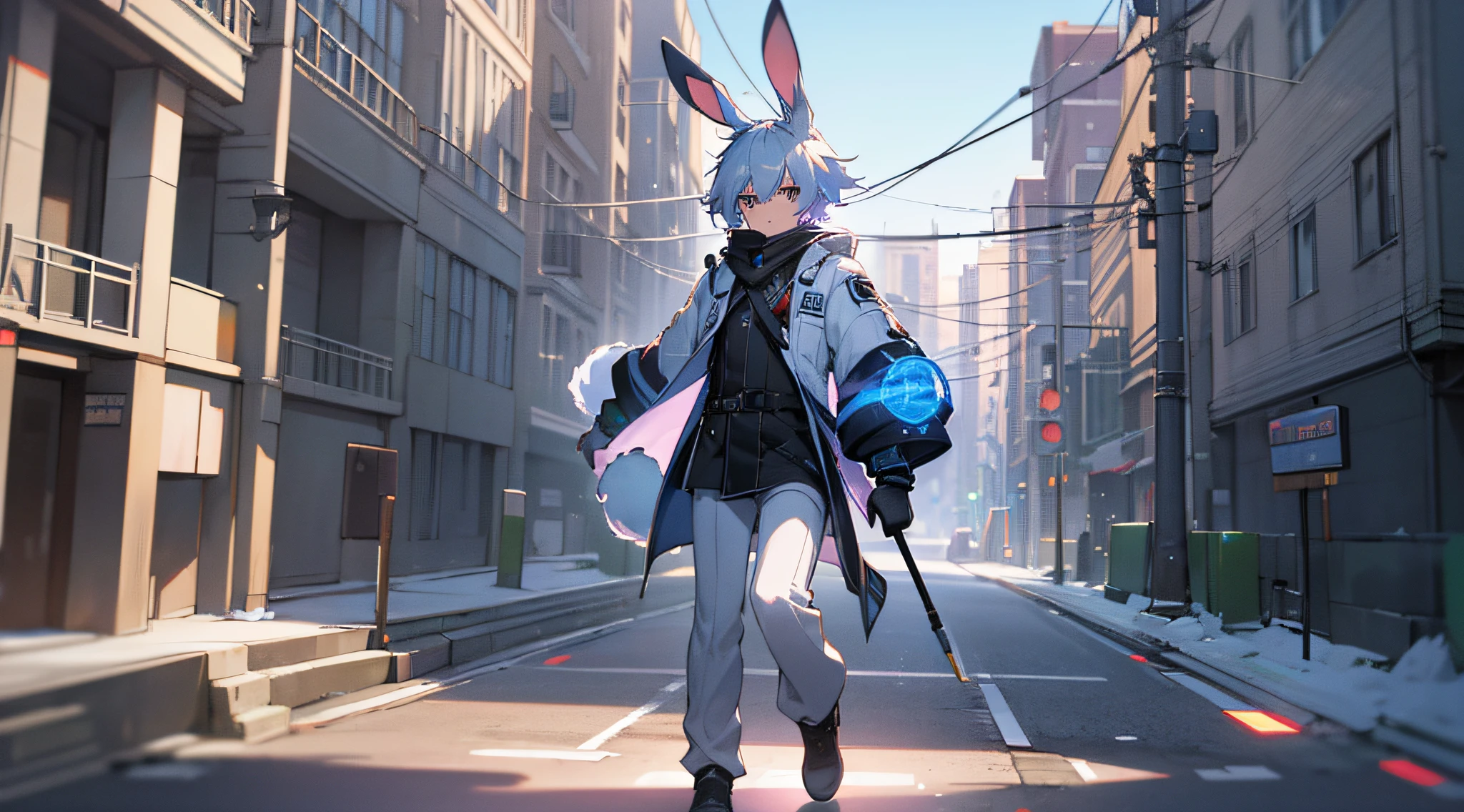 (8K, Original Photo, Best Quality, Masterplece), (Photon Mapping, Radiometry, Physically Based Rendering, Auto White Balance) Cool anime male with rabbit ears rabbit tail element full body photo --auto --s2