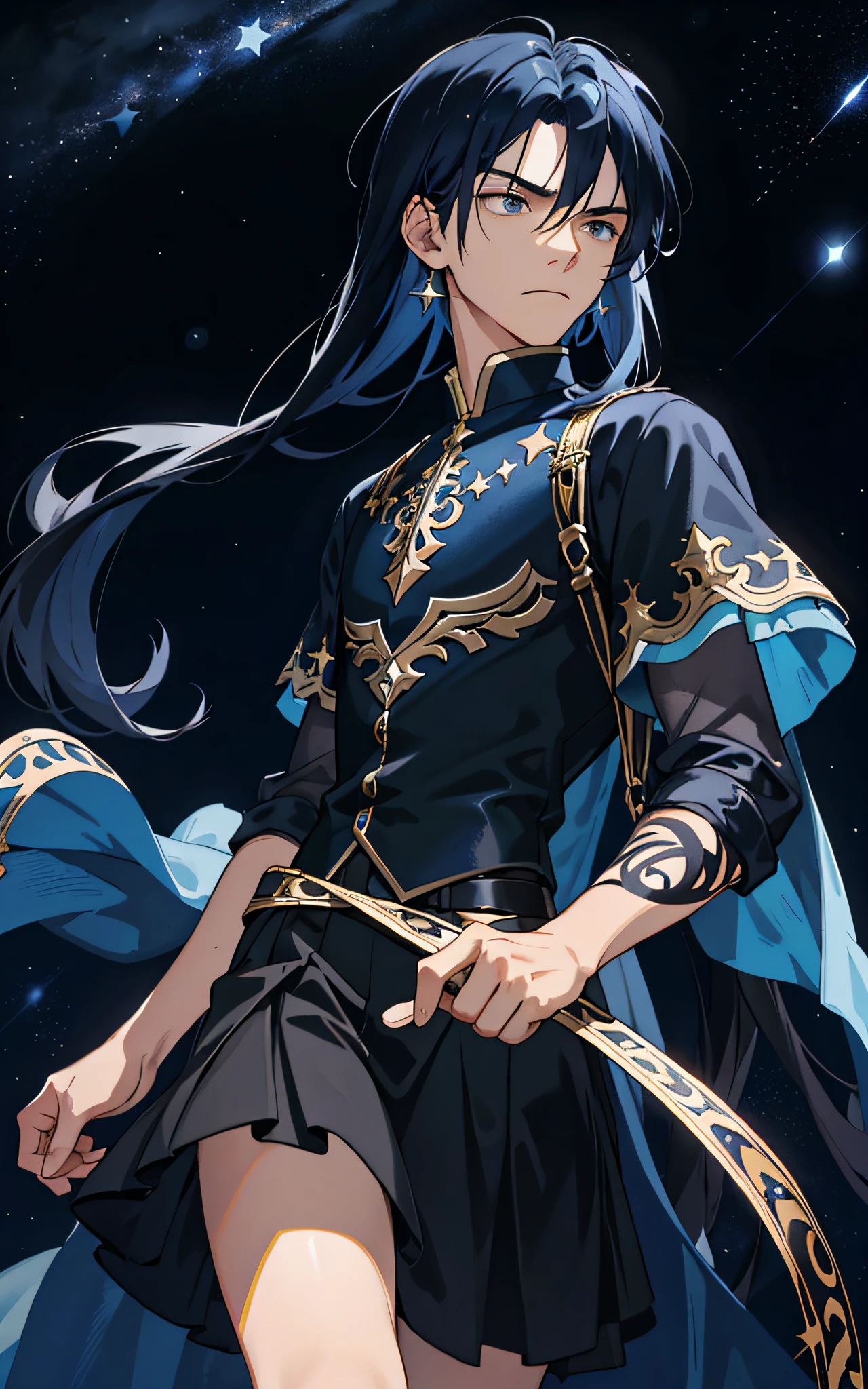 Masterpiece, best quality, teenager, male, long dark blue hair, straight hair, qi bangs, indifferent expression, intricate details, delicate black skirt, dark night, starry sky, stars, black, blue, gold, black background