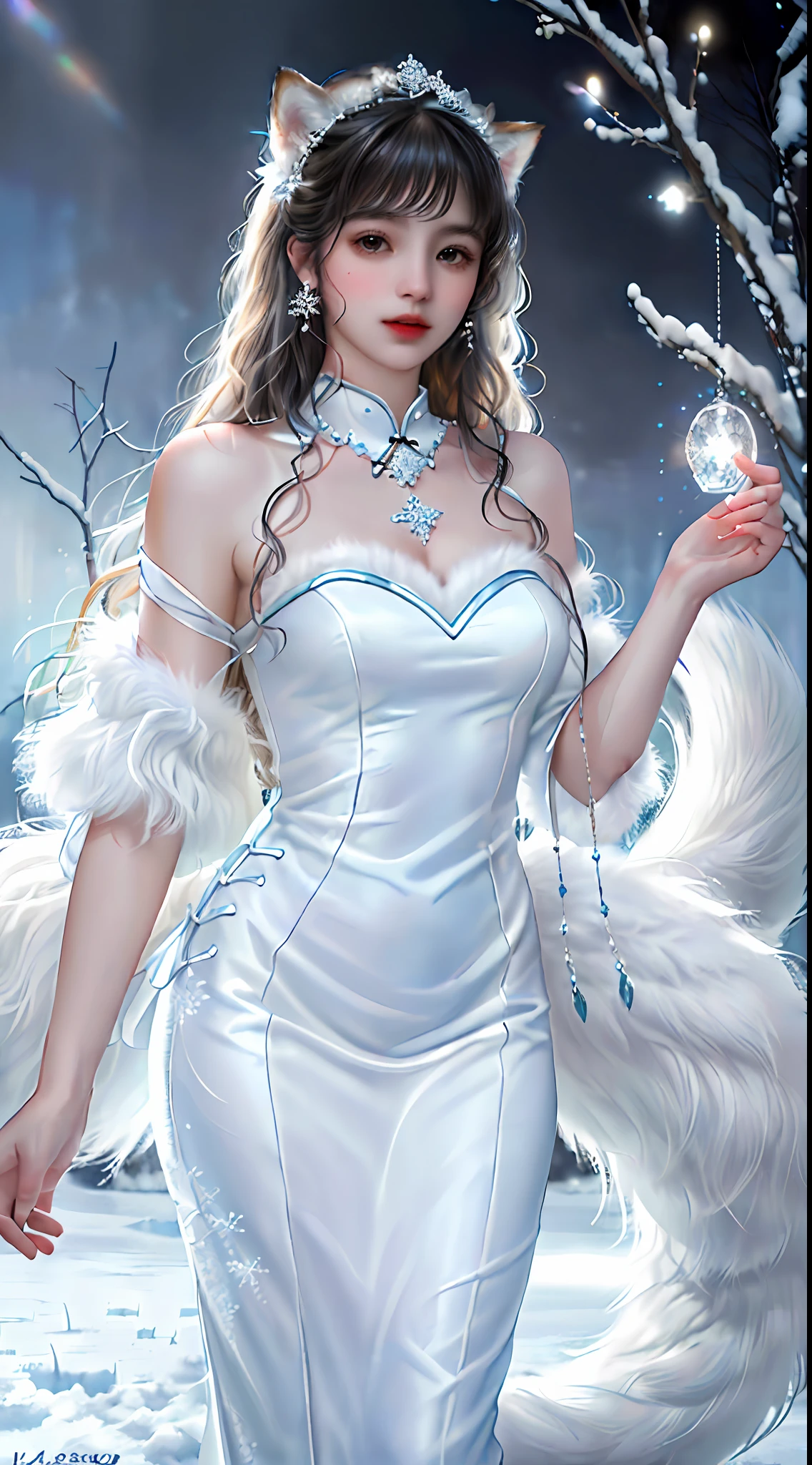 (raw photo:1.2), (photorealistic:1.4), (best quality:1.4), (ultra highres:1.2), (highly detailed:1.3), (HDR:1.2), (cinematic lighting:1.3), (detailed eyes), (facial details), (fur details), (snowy:1.2). ), cute little fox, standing, (3/4 body portrait: 1.2), (furry tail: 1.2), (soft fur: 1.2) , (moe: 1.2), (looking at the audience), (innocent expression), (soft light), (dreamy, (dream: 1.3), (ethereal: 1.3), (magic: 1.2), (snowflake: 1.2), (Winter Wonderland: 1.3), (Whimsical: 1.2), (Fun: 1.2), Bust, Solo, White Thighs, Tulle Cheongsam