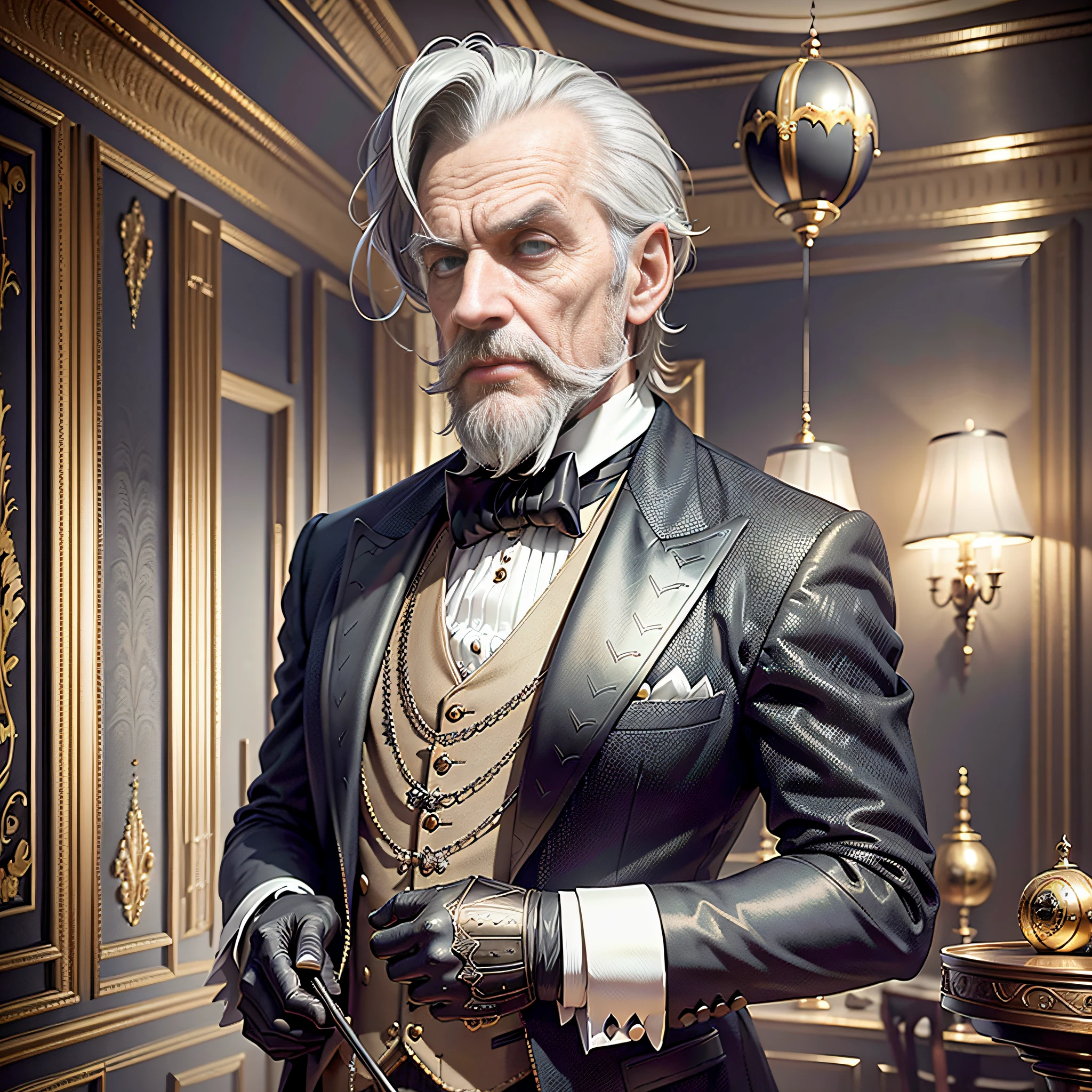 Best quality, masterpiece, ultra high res, (photo realistic:1.4), antique mansion interior background, image of an old British gentleman in a bat-inspired full-face mask, ((slender body)), wicked look, tuxedo style, cane, beard, gray hair, ((luxurious bat ornaments)), Black leather gloves, the being who sold his soul to the devil, ((top hat))