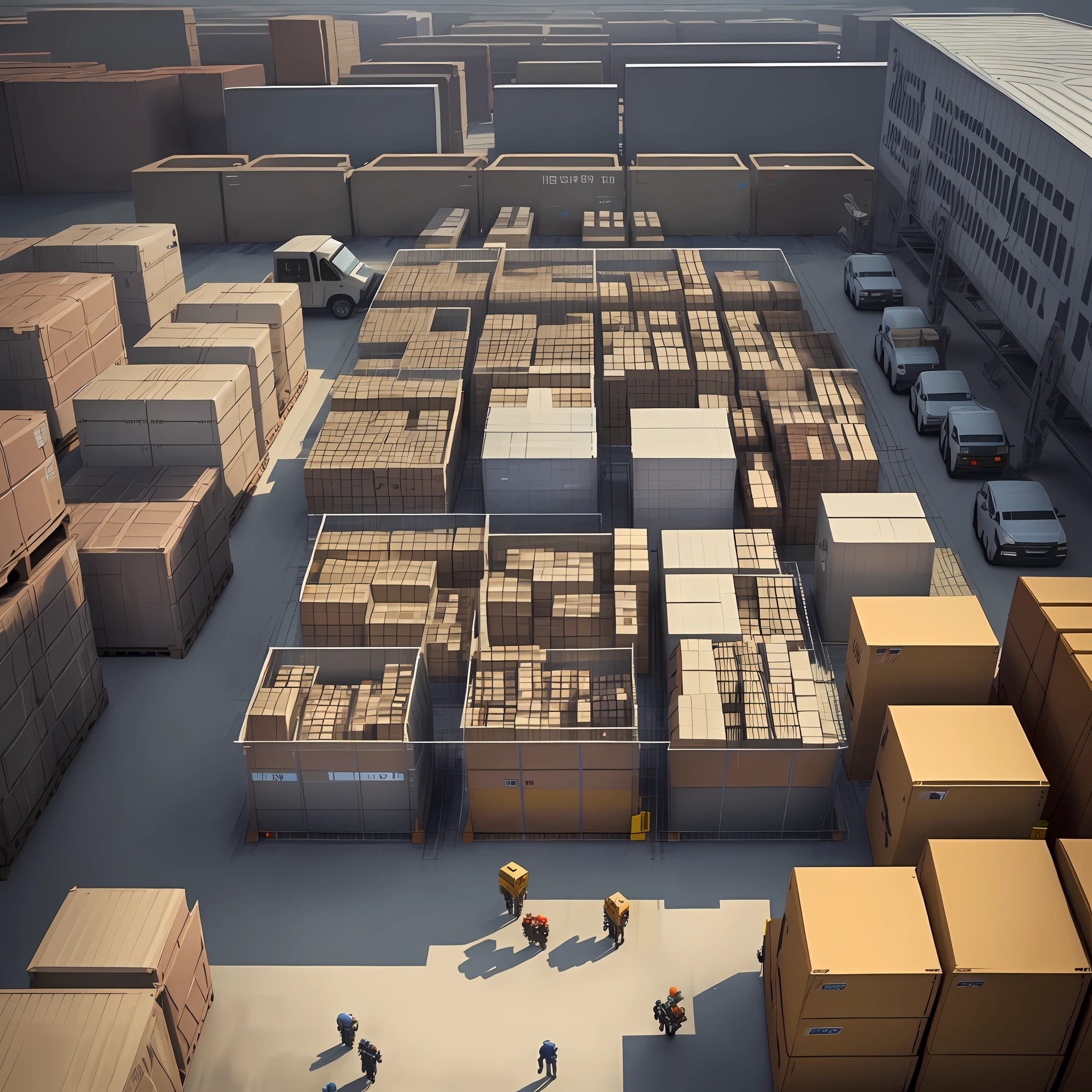 Create a realistic inventory layout, organized in a clever sequence of parts entry, picking, material shipment and well-docked trucks