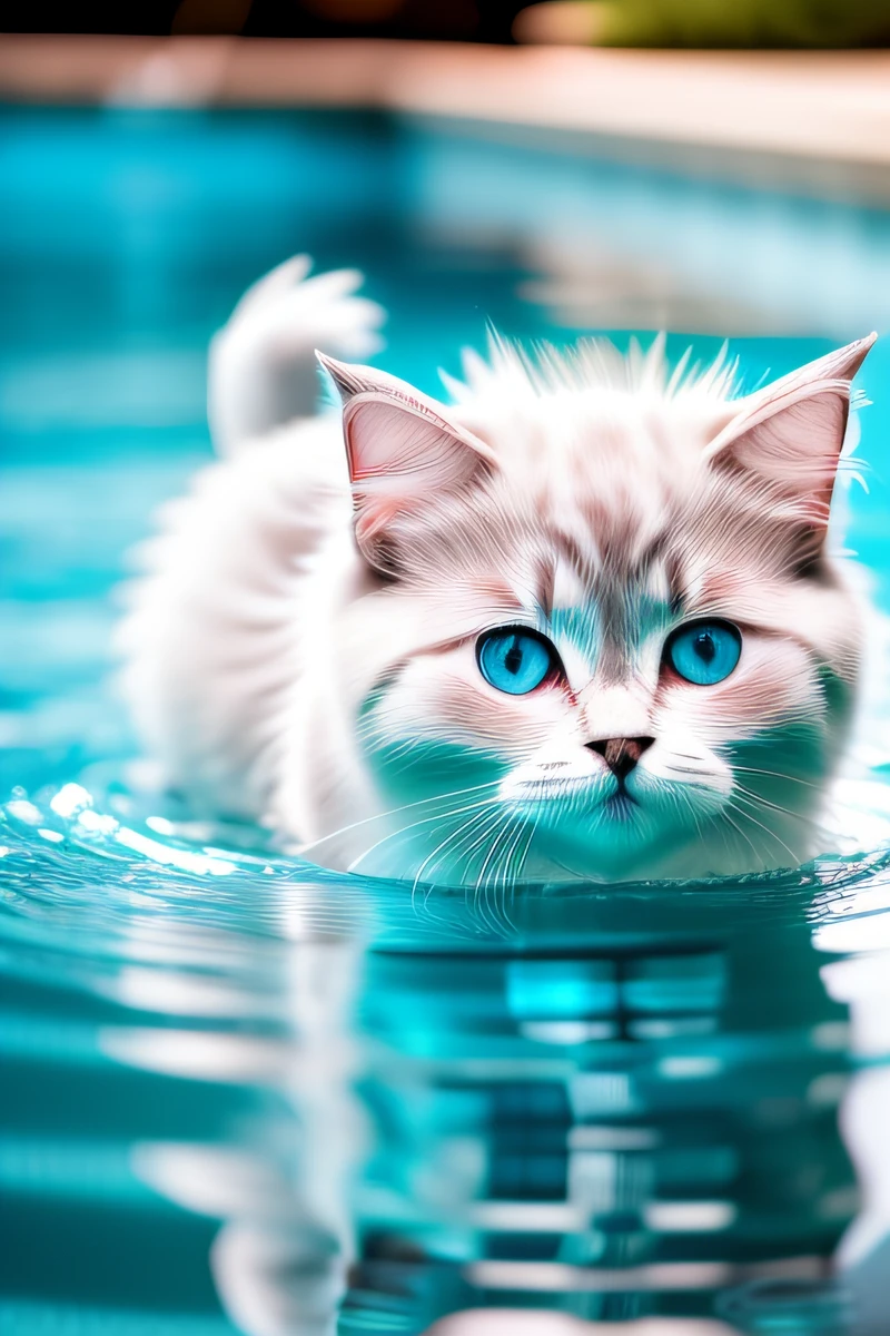 Cute Ragdoll cat kitten,smile,swimming in the pool,body is wet,(narrow eyes),eos r3 28mm