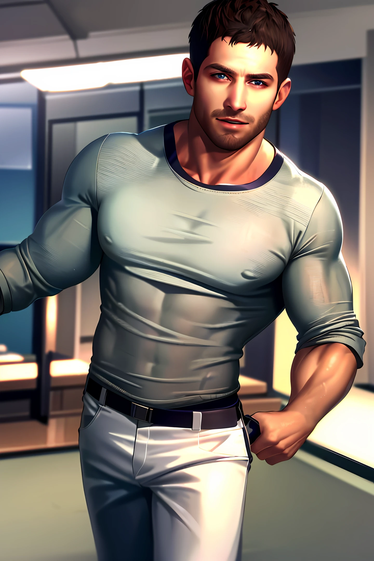 ((Realistic lighting, top quality, 8K, Masterpiece: 1.3)), Sharp Focus: 1.2, 1 male, Perfectly Figured Caucasian Male: 1.4, Slender Abs: 1.1, ((Dark Brown Hair, Physique: 1.3)), (White T-shirt, Comfortable Pants: 1.3), Small Office, (Night: 1.1), Room, Super Detailed Face, Detailed Eyes, Double Eyelids, Have a Smartphone, Smart Room,