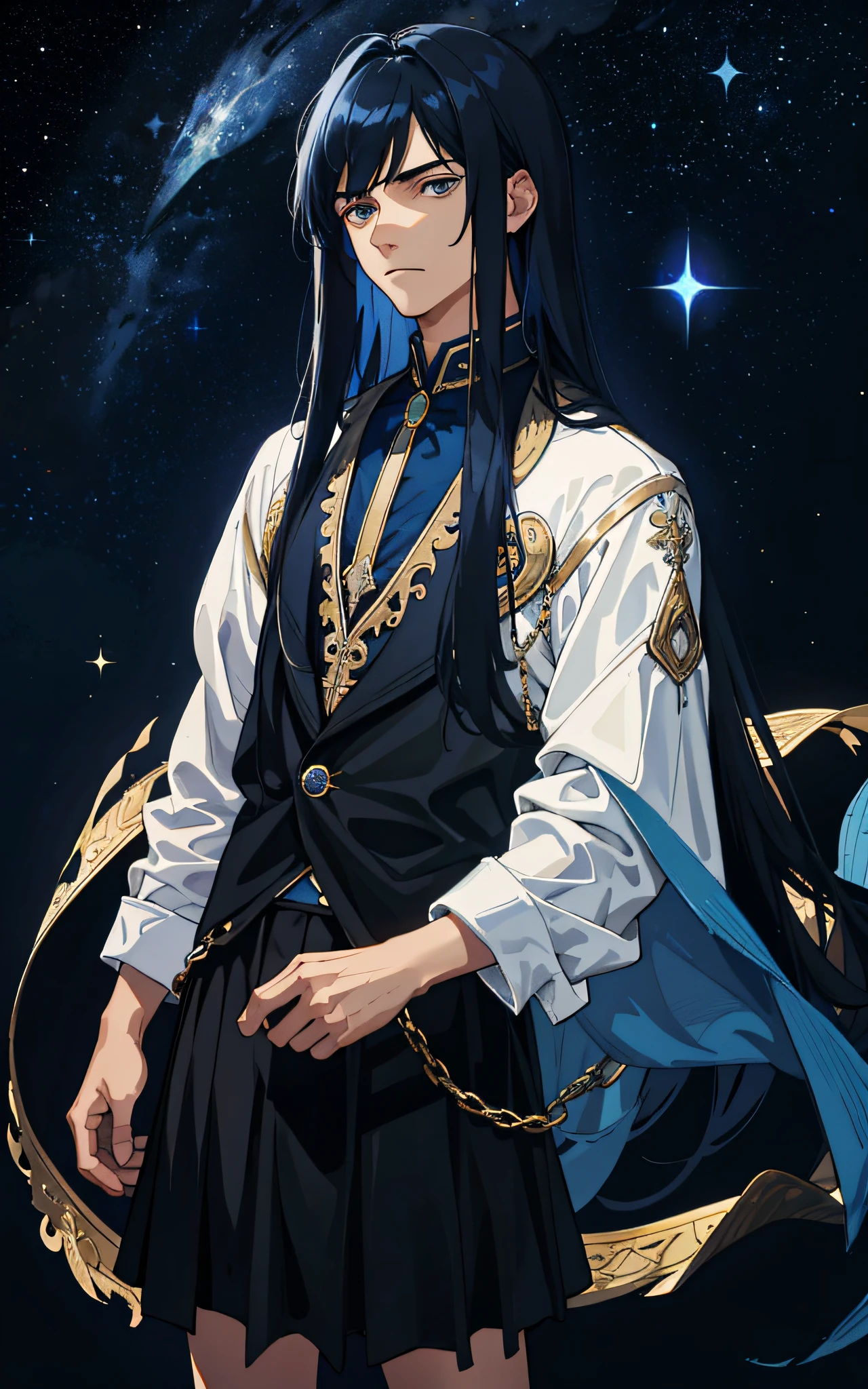 Masterpiece, best quality, teenager, male, long dark blue hair, straight hair, qi bangs, indifferent expression, intricate details, delicate black skirt, dark night, starry sky, stars, black, blue, gold, black background