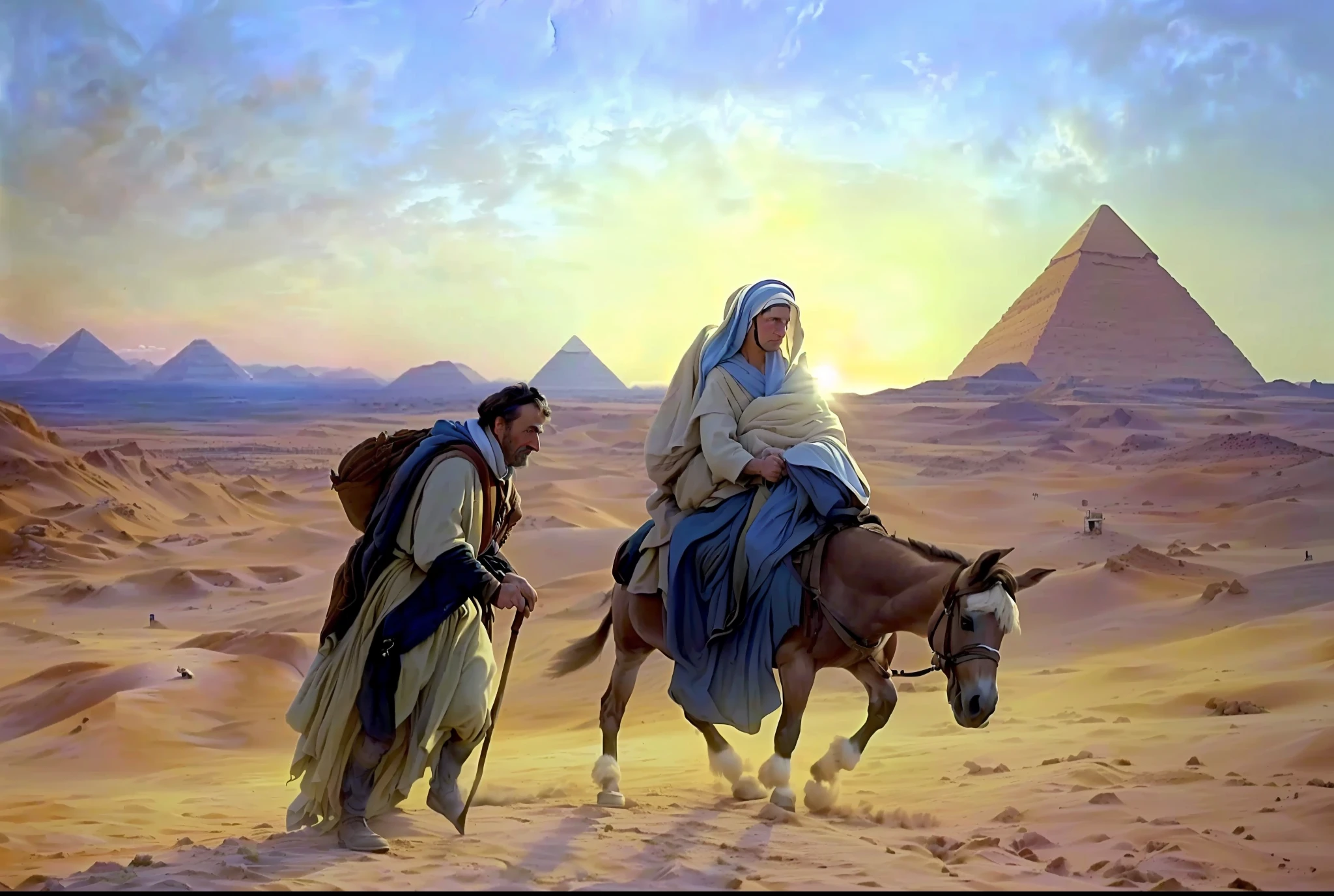 painting of a man walking and a woman riding on a donkey in a desert and in the background the pyramids of Egypt, by George B. Bridgman, crossing the desert, by Abraham Begeyn, by Minerva J. Chapman, biblical painting, in the desert, hildebrandt, by Albert Henry Krehbiel, by Antonio Ciseri, in the desert, by Wilhelm Trübner, by Adolf Born