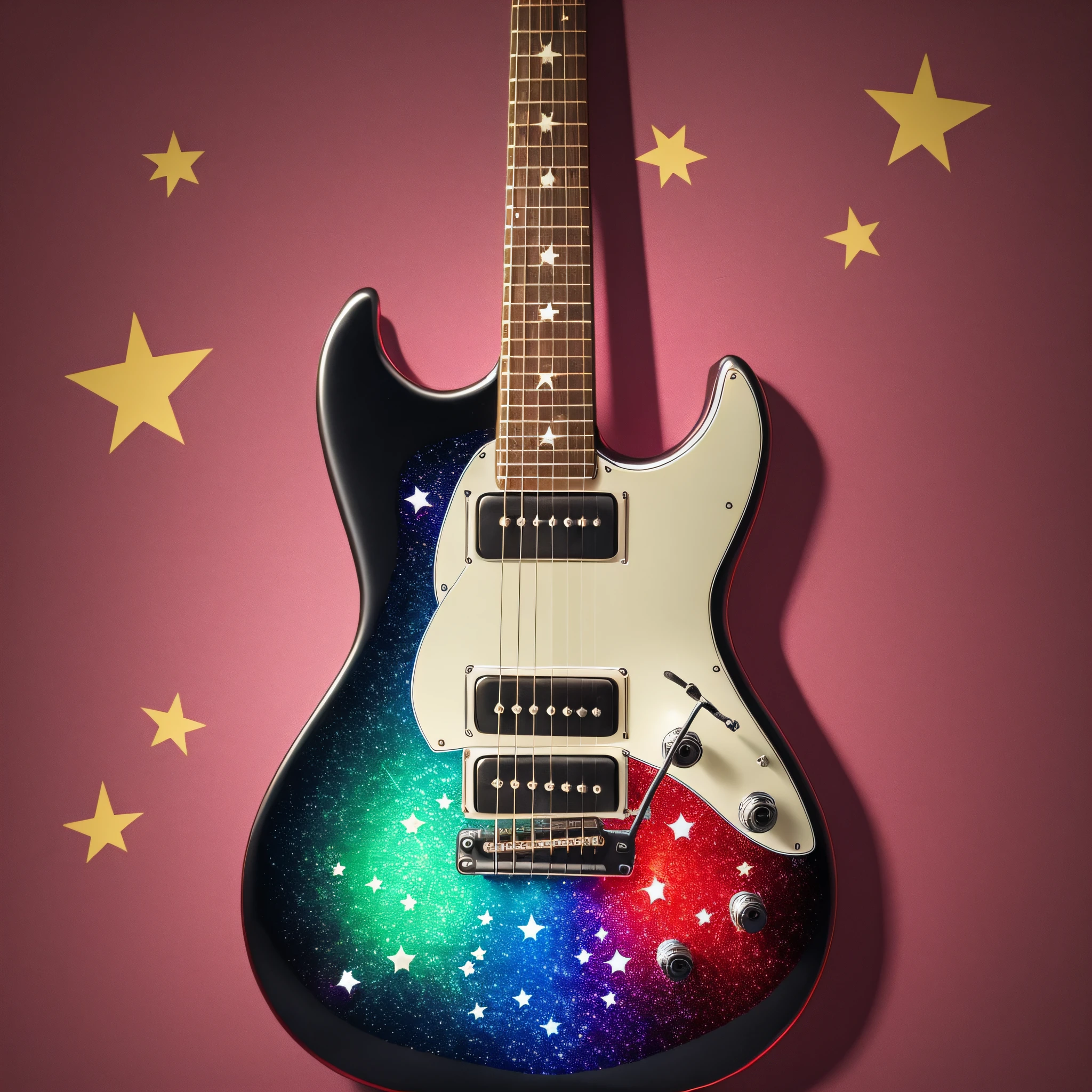 cool guitar with star sticker and triangular shape, with 6 pickups and bright strings, painted with shimmering paint - with red stars in the center --auto --s2