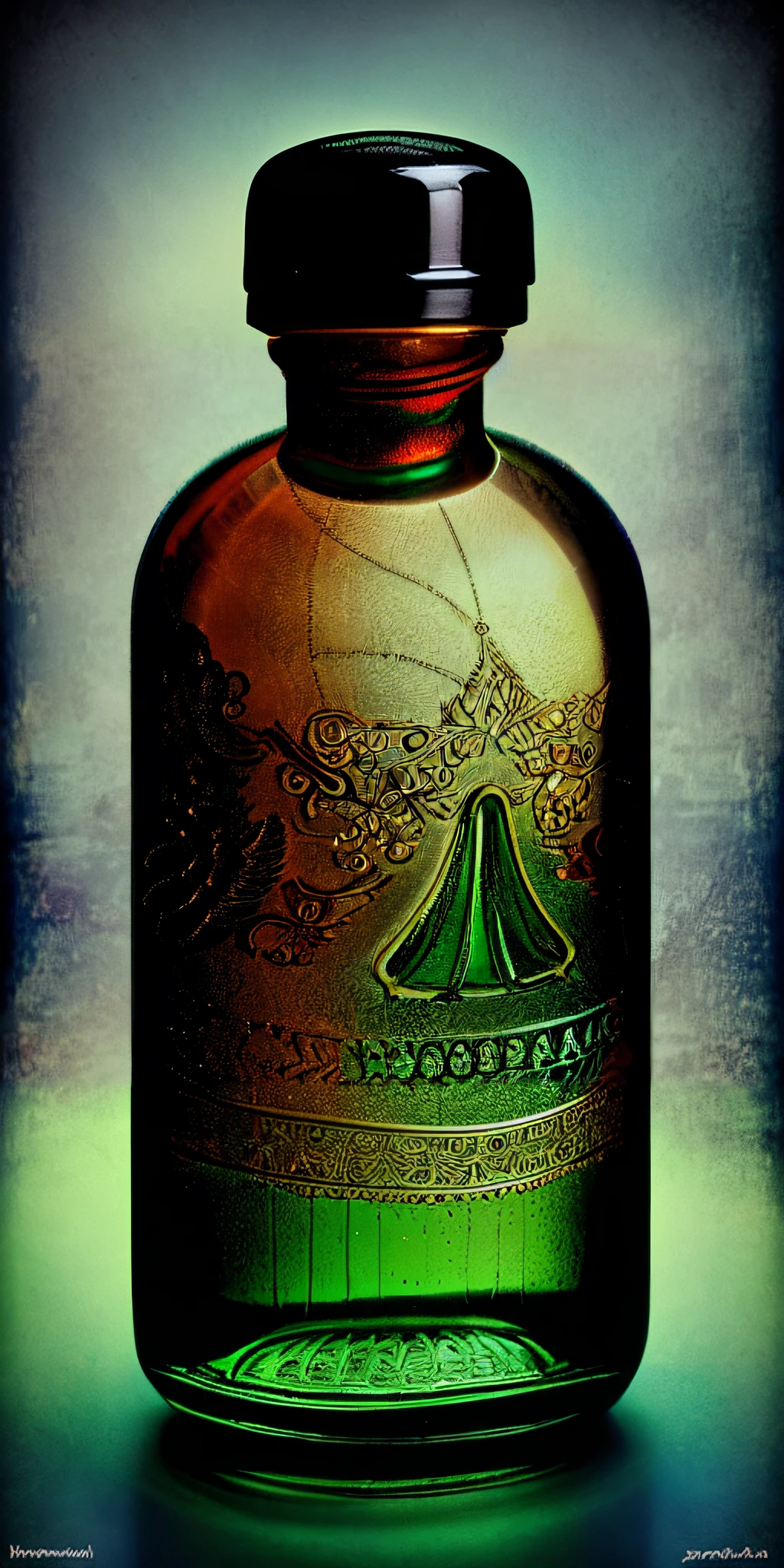 there is a bottle of alcohol with a green lid on a table, very fancy whiskey bottle, fancy whiskey bottle, hyper realistic poison bottle, whiskey bottle, absinthe, bottle, beautiful intricate glass bottle, hand - tinted, inspired by John Atkinson Grimshaw, glass bottle, ornamented, potion of healing, potion, antique perfume, texturized, perfume bottle