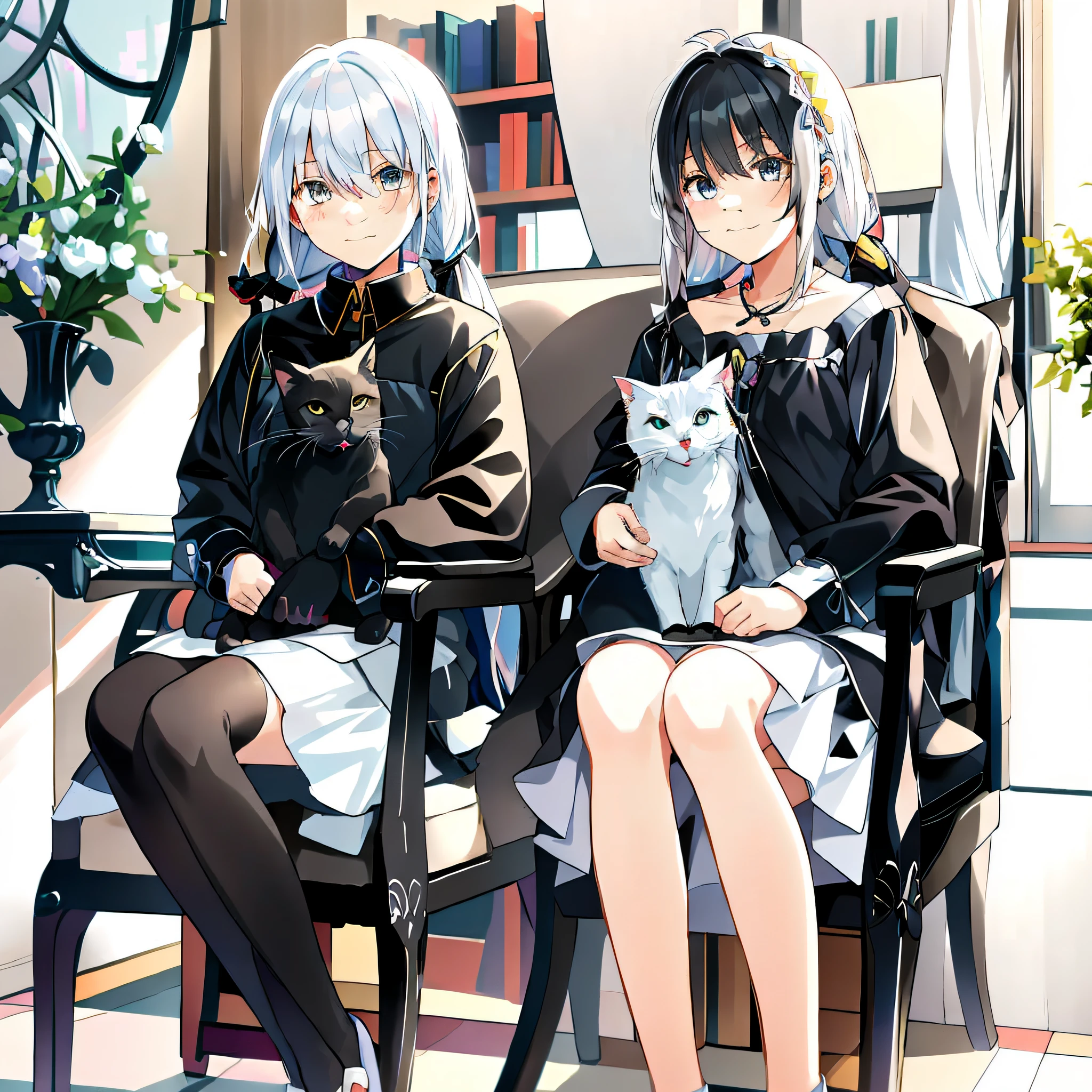 Anime girl sitting on chair, a cat and a cat sitting on her lap, girl front style, two beautiful anime girls, black hair, white hair, perfect white hair girl, anime style 4 K, anime girl with cat ears, anime girl, from girl front, anime style. 8K, Girl Frontline CG, very beautiful anime cat girl