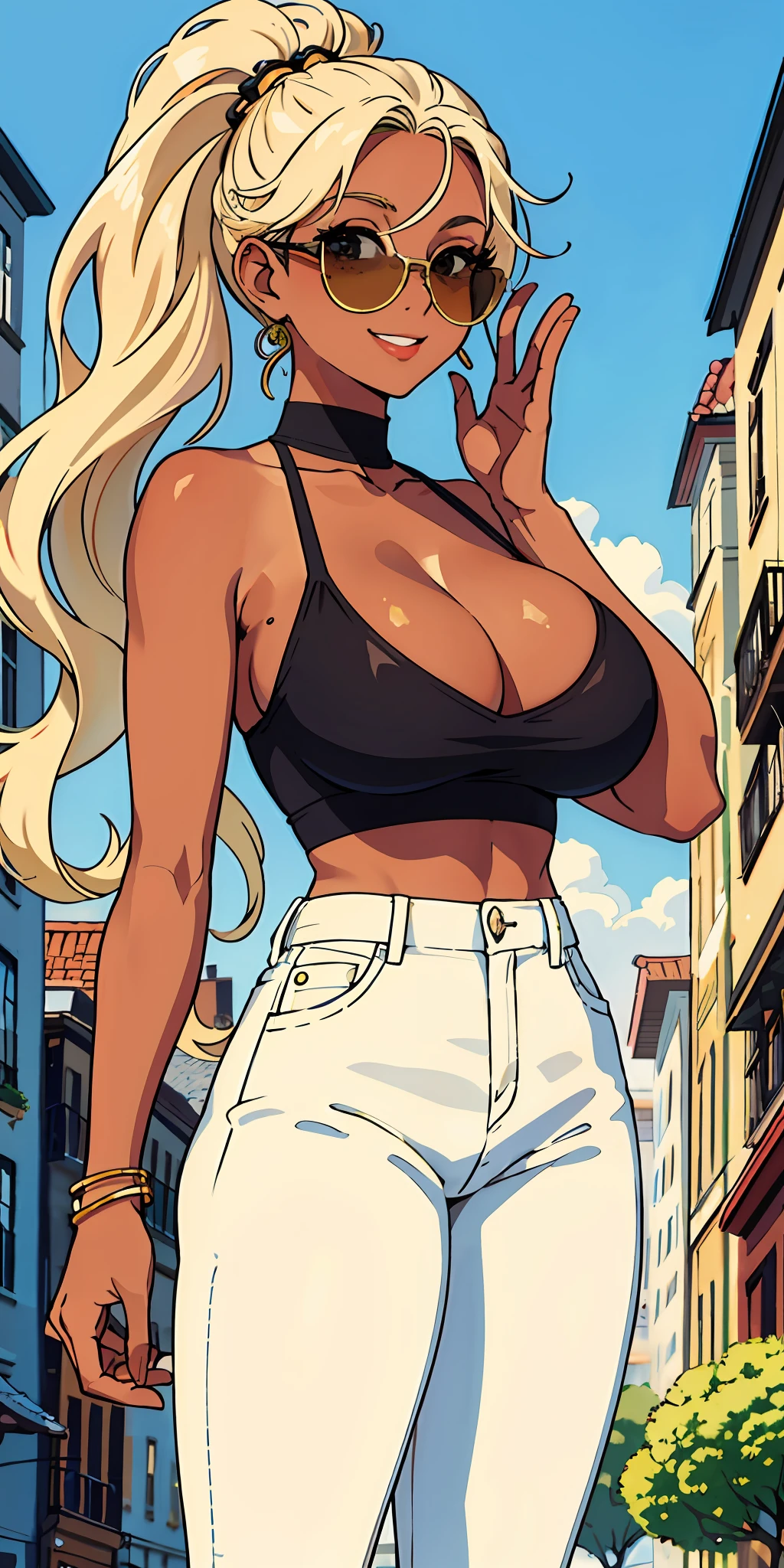(top quality, masterpiece), 1 girl, 30 years old, stunning, smile, blonde, brown skin, tan, city, sunglasses, beige jeans, mole, five fingers, big, big breasts, thin areola