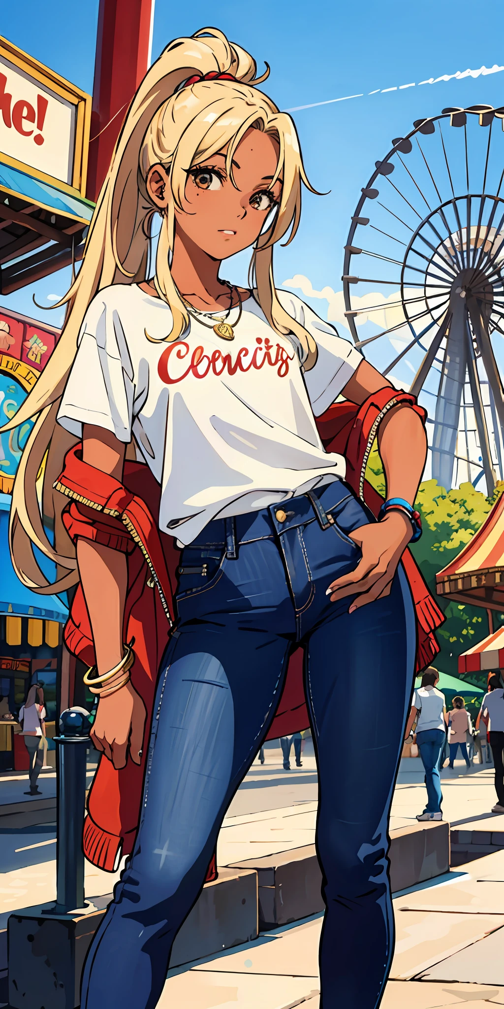 (top quality, masterpiece), 1 girl, , stunning, cool, blonde long hair, necklace, brown skin, tan, amusement park, jeans, five fingers, moles, small, small breasts