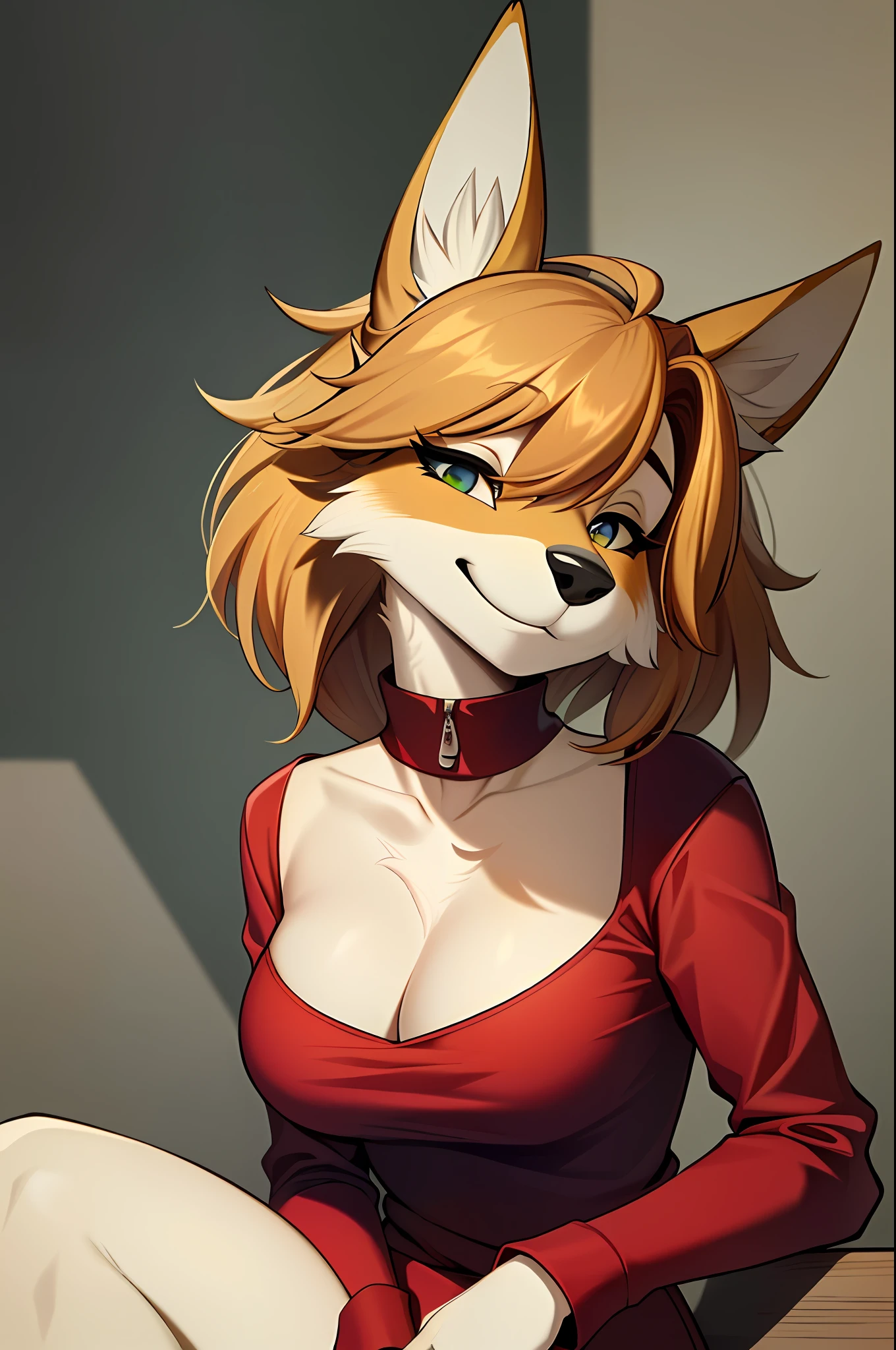 ((masterpiece, best quality)), (anthro furry:1.3, muzzle:1.2, anthro:1.3, furry:1.2, closeup:1.2, female solo:1.2, neckline, leaning forward, smile, red), no blouse, sweatpants,transparent blouse