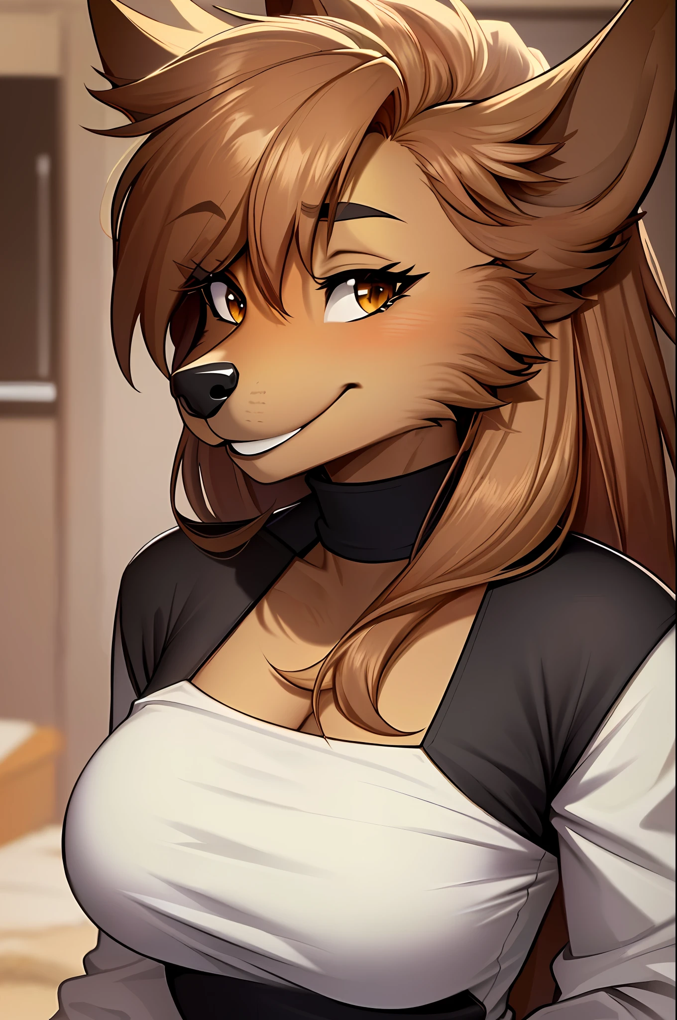 ((masterpiece, best quality)), (anthro furry:1.3, muzzle:1.2, anthro:1.3, furry:1.2, closeup:1.2, female solo:1.2, neckline, leaning forward, smile, red), no blouse, sweatpants,transparent blouse