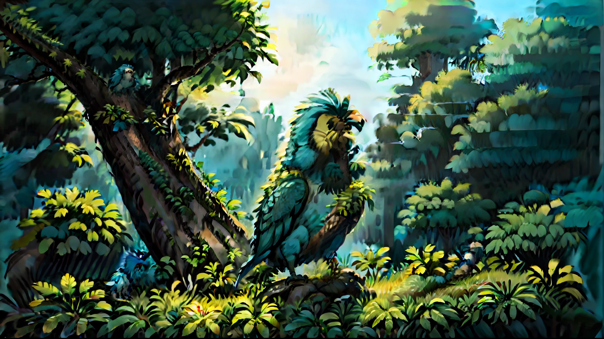 ((masterpiece)), best quality, an ultra-detailed and lifelike illustration of a blue and yellow macaw in its natural habitat, (1 bird), vibrant colors, green foliage, tropical flowers, morning light, dynamic pose, vivid detail.
