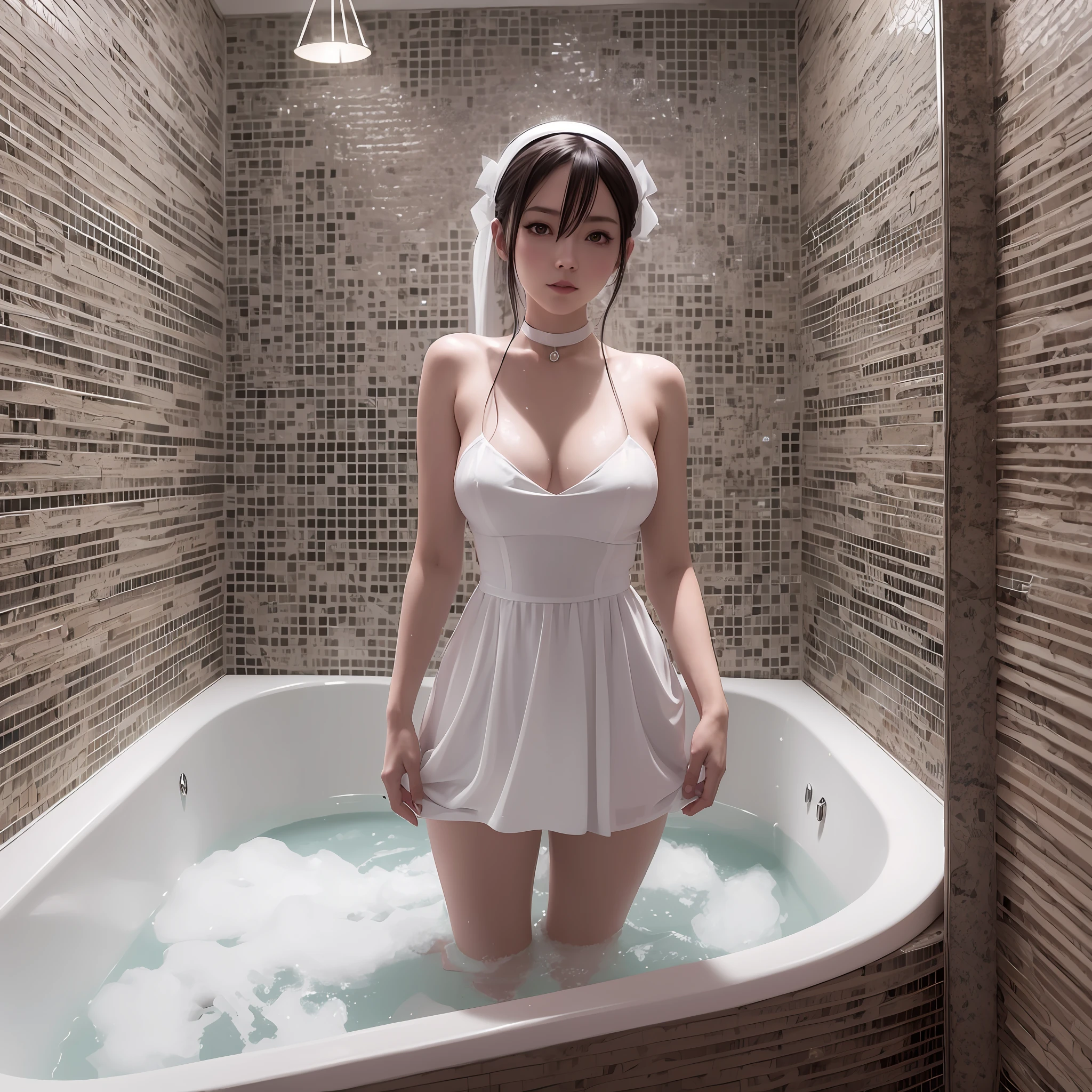 there is a woman in a white dress standing in a bathtub, in bathroom, guweiz, zerochan art, bathtub, guweiz on pixiv artstation, bleeding in the bath, artwork in the style of guweiz, by Shingei, guweiz on artstation pixiv, soft anime illustration, anime art wallpaper 8 k