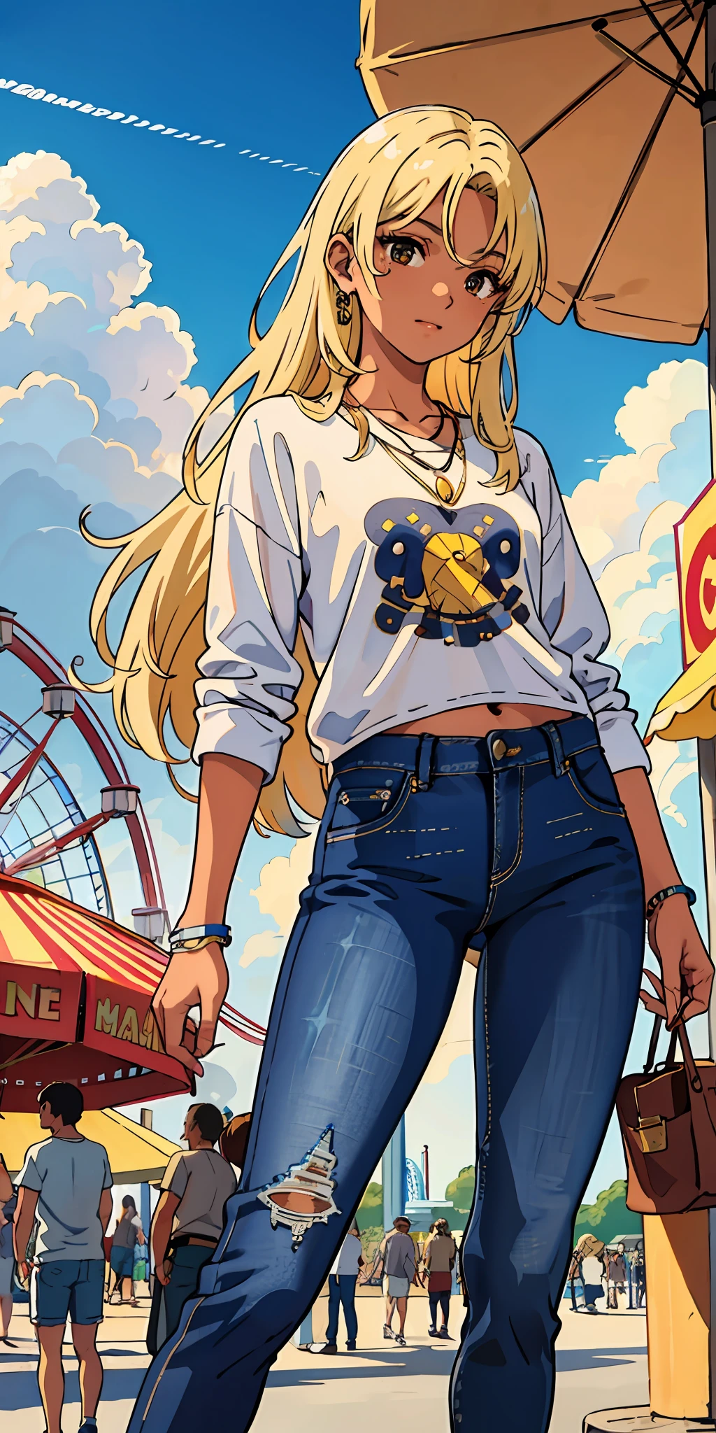(top quality, masterpiece), 1 girl, 16 years old, stunning, cool, blonde long hair, necklace, brown skin, tan, amusement park, jeans, five fingers, moles, small, small breasts