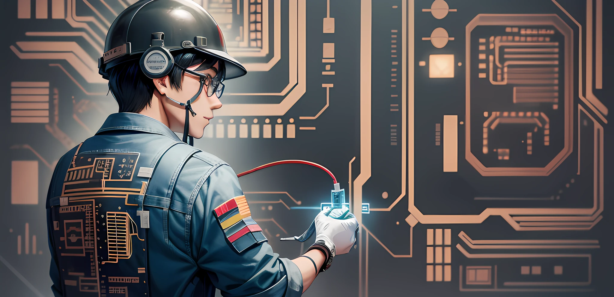 Patchwork arts of asian man engineer, electricity, transmission line, hard hat, ascii code, brain, logic, circuits, diagramatic drawing, vector, mathematical symbols