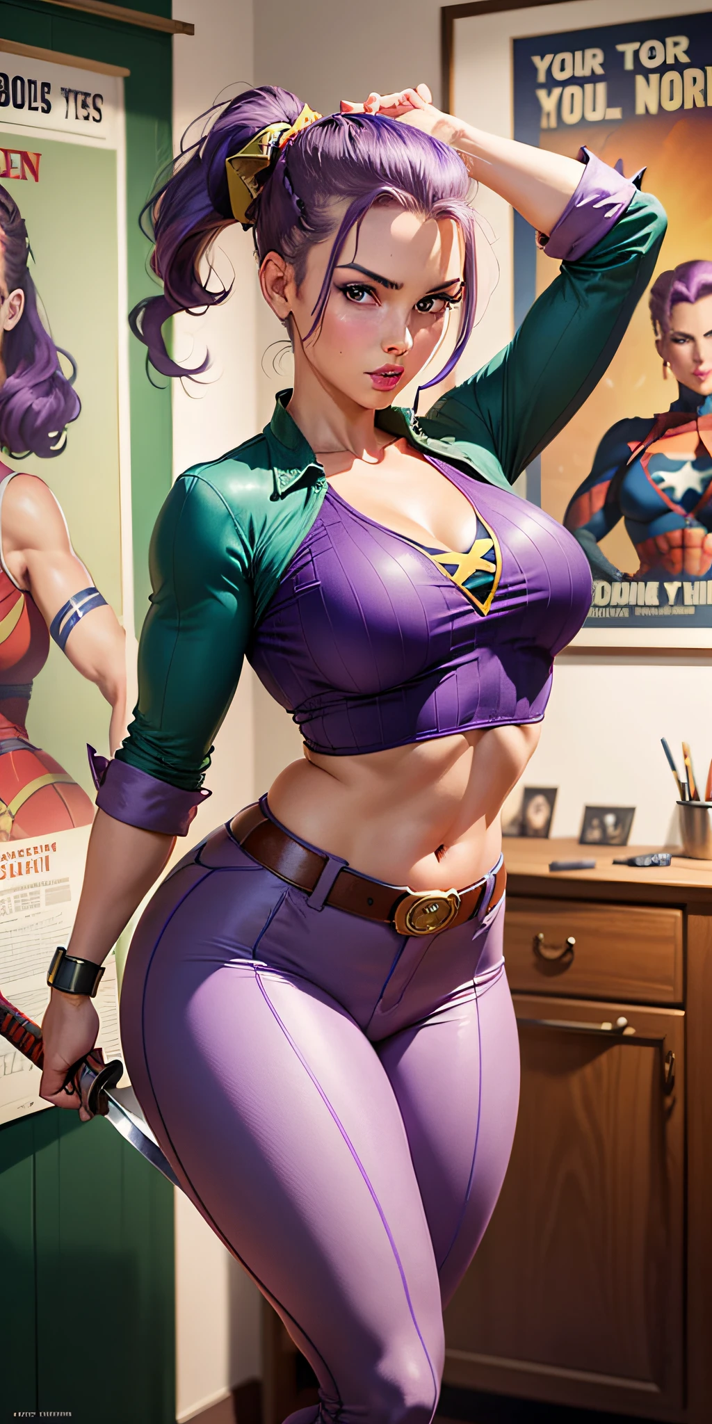 American World War II poster, Gil Elvgren style, WLOP, Artgerm ((USA Poster, American Poster)) ((a purple haired woman with ponytail braid)) ((purple superhero outfit and green pants)) (demons in the background of the image) ((woman holding a Katana sword)) hero uniform, 1 girl, solo, fitness body, poster design, poster art style. 1980s, 1950s, 1960s, 1940s, basic color scheme, very colorful poster, colorful art, third rule, inspiring, dynamic pose, woman, 1 25-year-old girl, looking at the viewer, blurred background, thick legs, blue eyes.