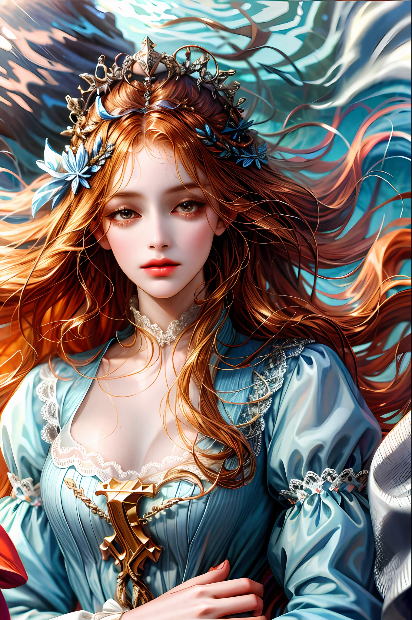 (absurdres, highres, ultra detailed), 1girl, solo, mature, (long hair), Baroque, dress, long sleeve, elegant, holy, colorful, highest detailed, portrait, close up, underwater, floating hair, flower