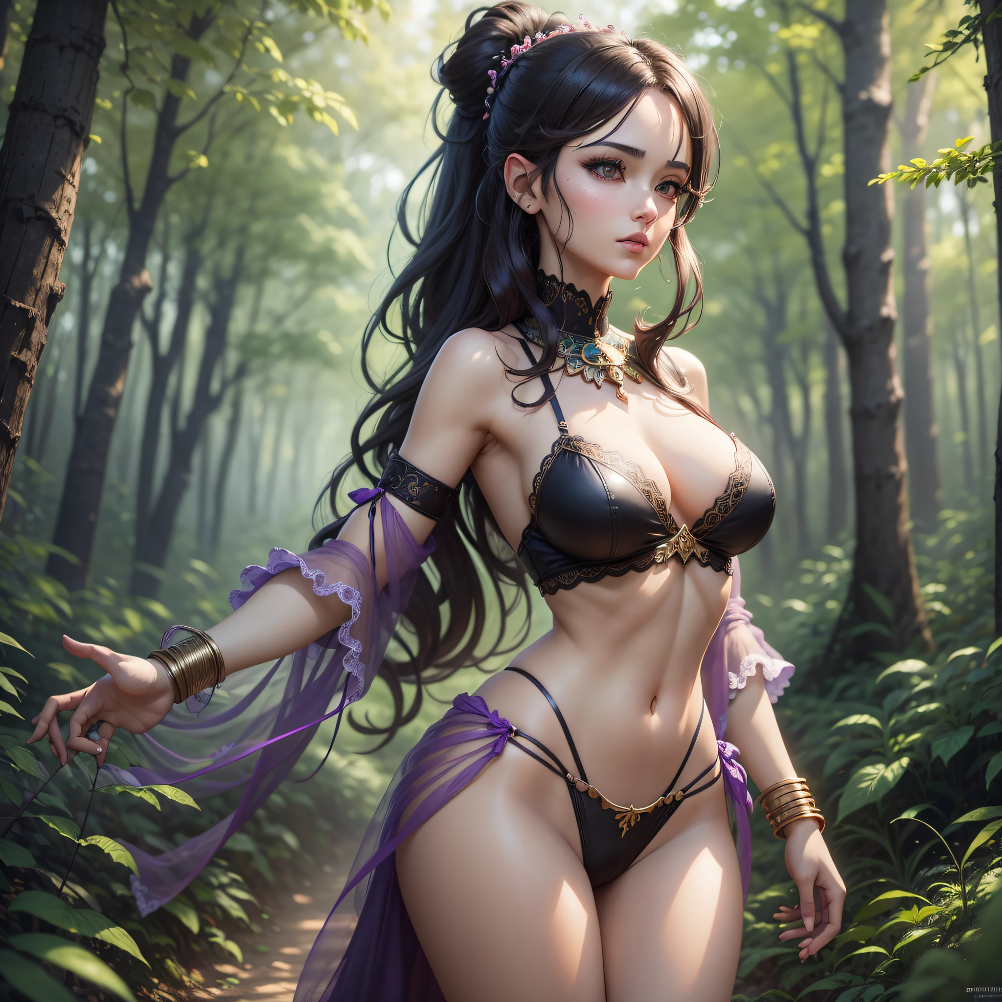Afghan Women Style Gypsy of Lingerie posing in a forest landscape, Realistic 3D anime style, Wlop and Sakimichan, 3D style anime, Realistic 3D anime, Soft CG Art anime, 2. 5 d cgi anime fantasy artwork, deviantart artstation cgscosiety, 3 d render character art 8 k, female anime girl, digital fantasy anime art,create a spritesheet of a female character,priest,best detail,ultra-detail,best realism,ultra-realistic,full body in picture,y & seductive,ponytail hair,walking,front,right,left,back,high detail, modern, drop shadow, cinematic lighting, UHD, high details, high quality, best qualit,, best quality,(Best quality,4k,Masterpiece: 1.3),hyper realistic,1girl,(attractive body: 1.2),abdomen: 1.1,sensual transparent panen neckline,droopy breasts,viurves,four fingers one thumb,detailed hands,complex makeup,two arms,two legs,human ears,normal ears. --auto --s2