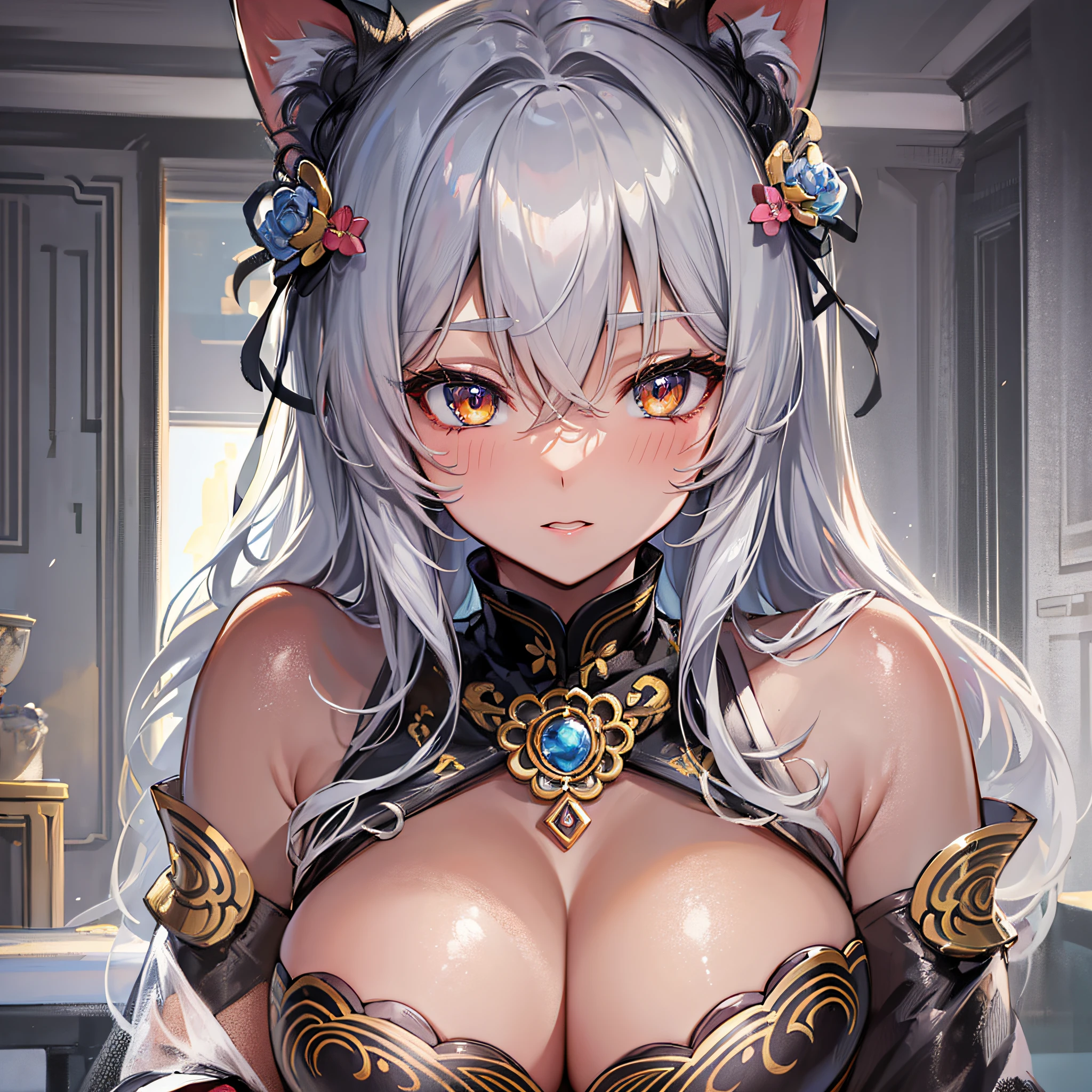 Absolutely beautiful cat lady, brown skin, perfect slim body, mature royal sister, gray hair, royal sister face, cheongsam, sexy and alluring, beautiful face, bust, 4K picture quality, big body, feminine expression, blush shy, large bust, deep eyes