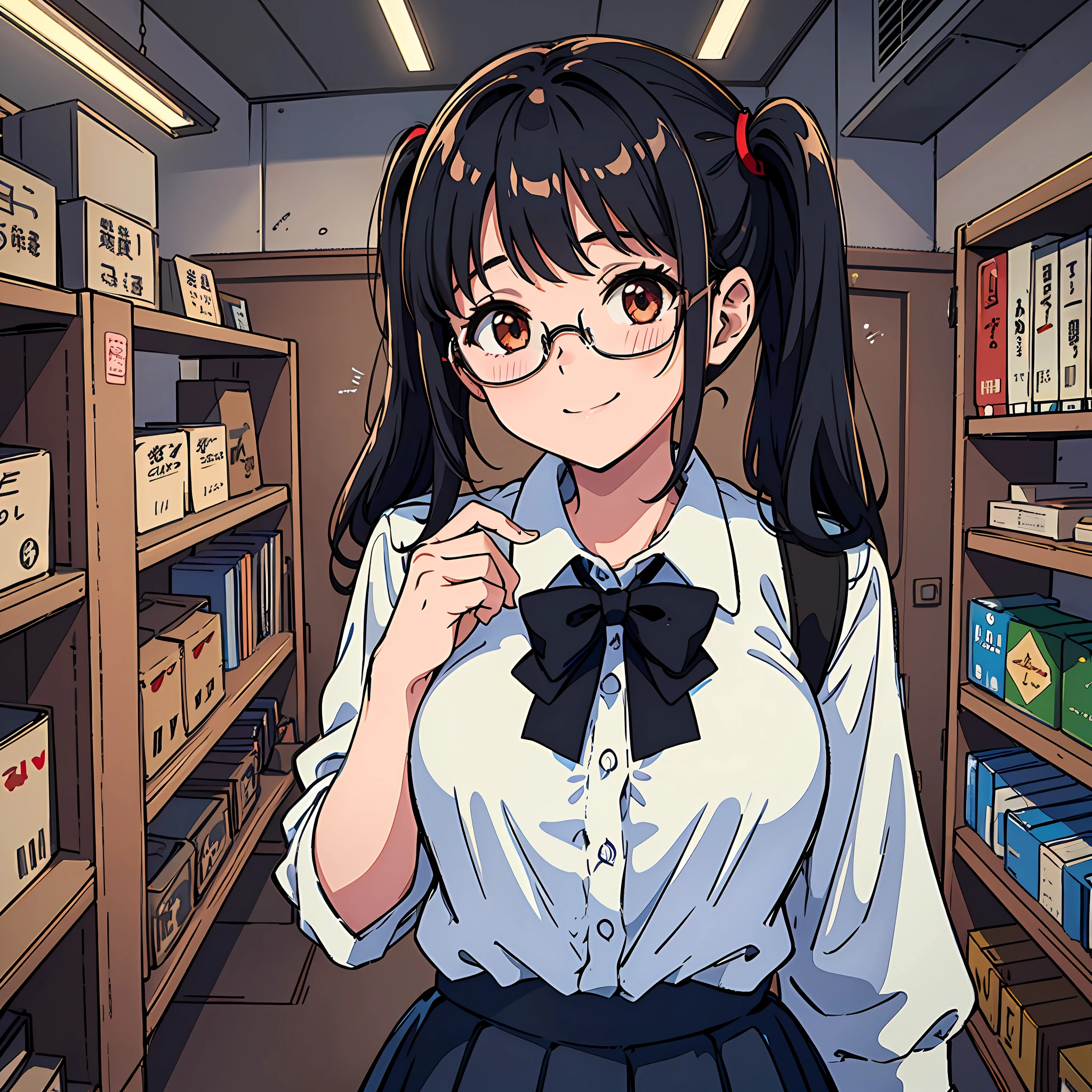 Looking back, turning around, cute underwear, long bangs, sister, dimly lit warehouse, smiling girl, , school uniform, big breasts, black hair pigtails, patsun, black hair, brooding, glasses, chubby,, red cheeks, love brother, ecstasy, love hotel,