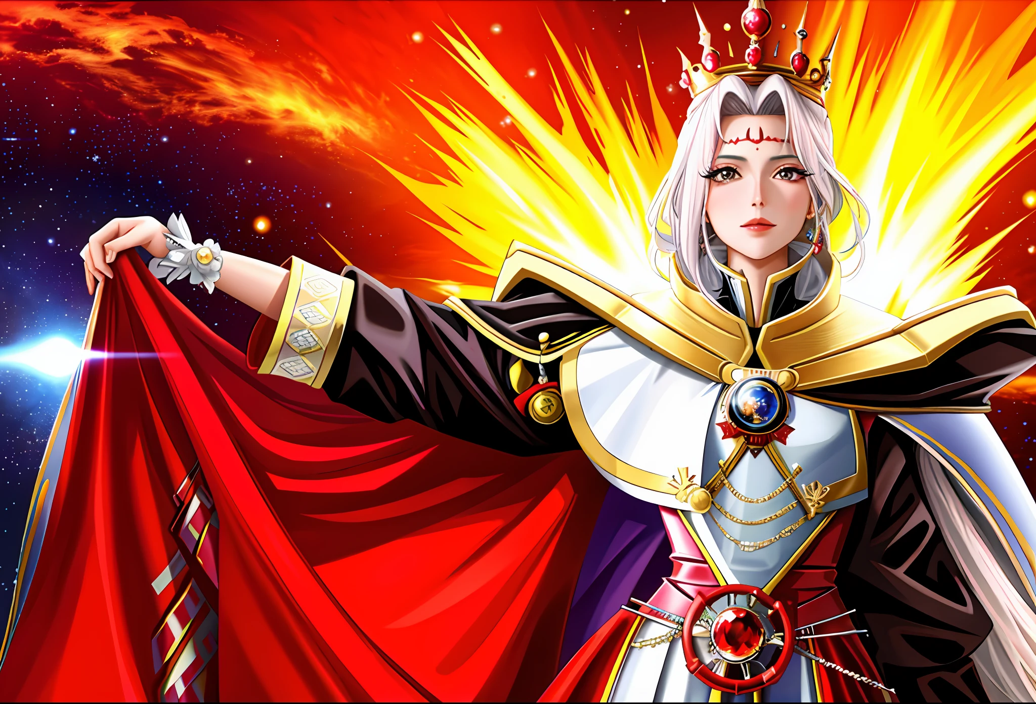 Close-up of a woman in a red cloak, Queen, Tokuzu, Massinger, High Fantasy, Emperor of the Known Universe, Epic Anime of Energy Man, King, Furio Tedesschi, Great Masterpiece,