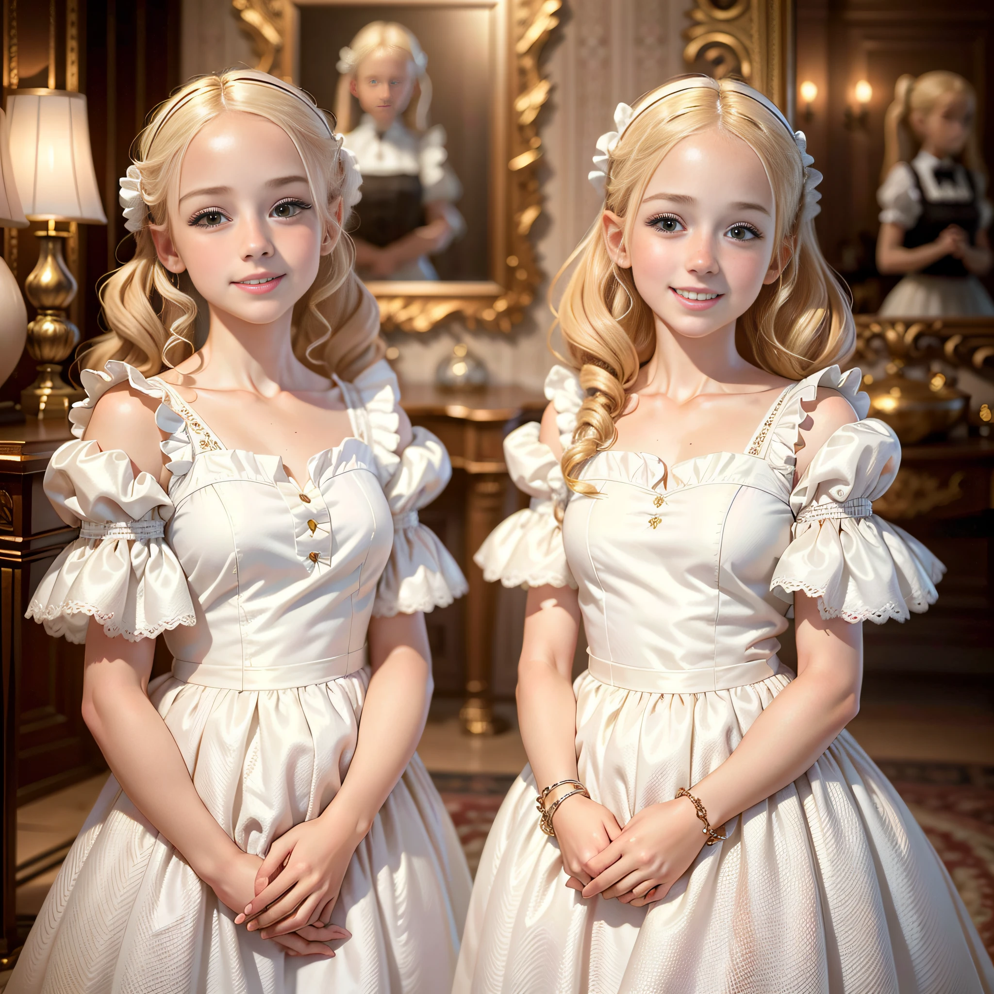 Best quality, masterpiece, ultra high res, (photo realistic:1.4), antique mansion interior background, image of beautiful British twin girls in frilly white luxurious dresses, blonde hair, twin tails, slender body, about , smile, cuddle,