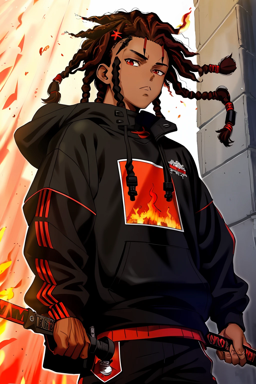 (extremely detailed), manga style, (1black boy), (1boy), alone, (red eyes), brown hair, ((short dreads style hair)), black techwear sweatshirt), (black street wear), (holding sword), (fire sword), (burning sword)