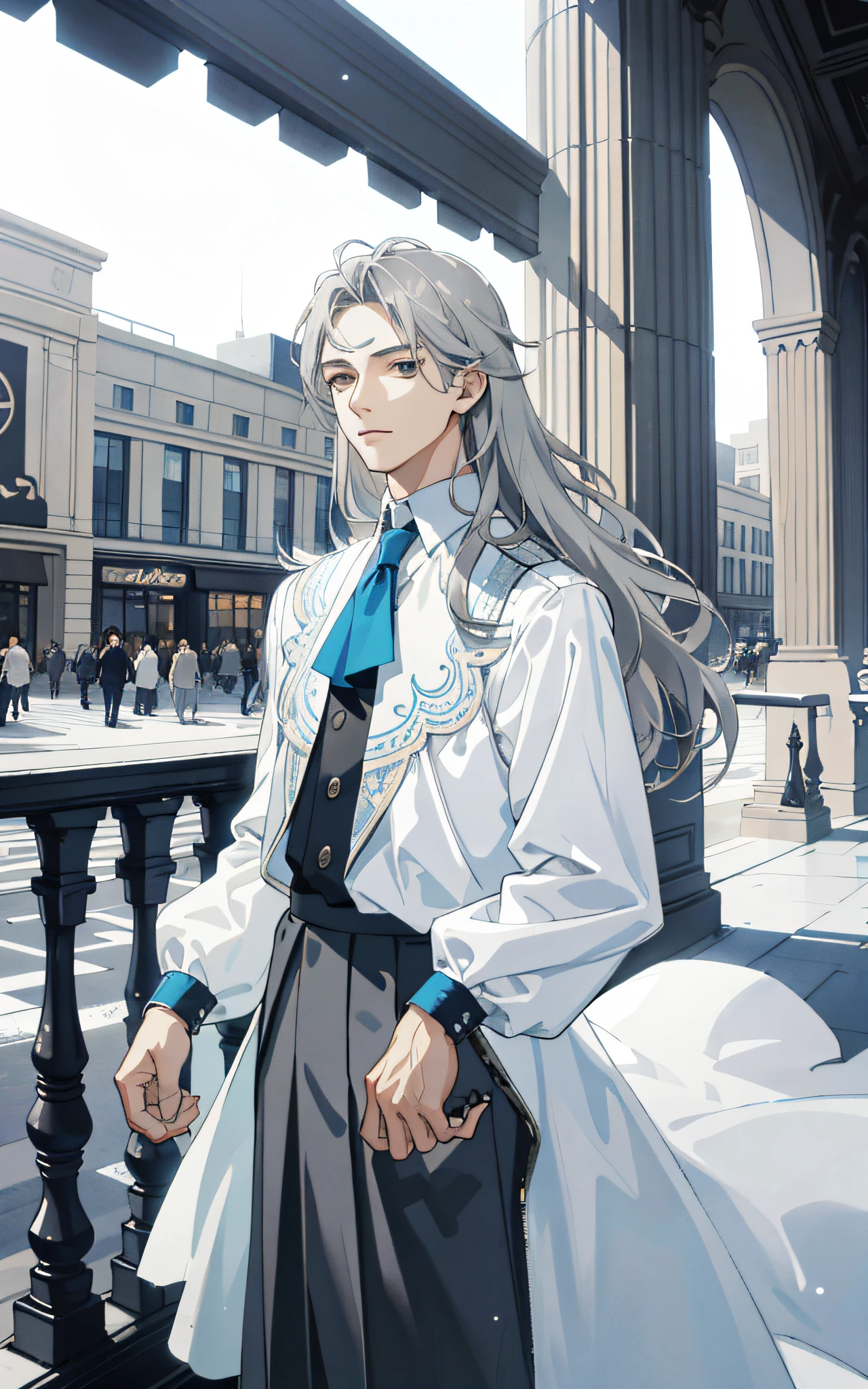 Masterpiece, best quality, 1 male, teenager, delicate eyes, intricate details, (gray hair, long hair, no bangs, delicate skirt, white skin), white, blue, modern, mall, city