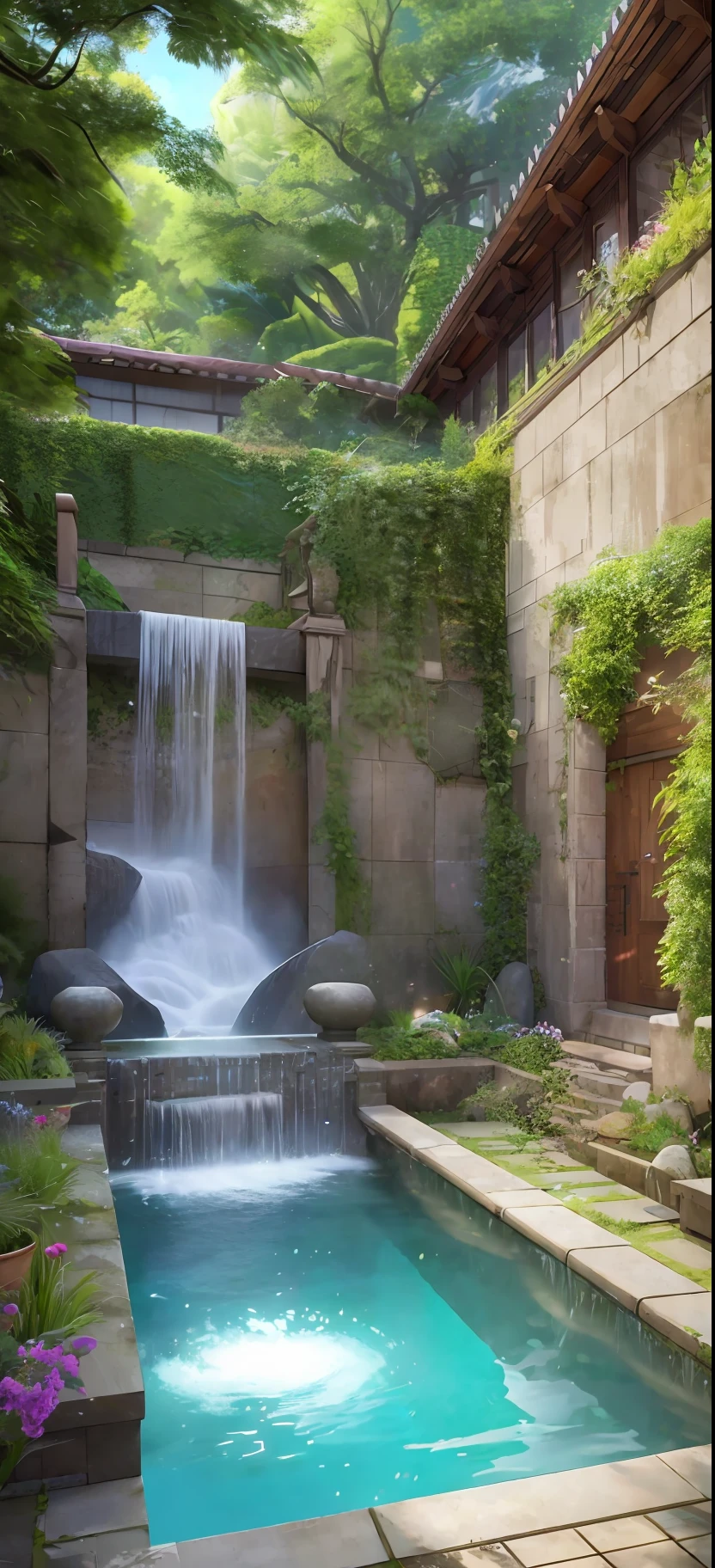 anime scene of a courtyard with a pool and a waterfall, anime scenery concept art, overgrowth. by makoto shinkai, relaxing concept art, traditional japanese concept art, a beautiful artwork illustration, studio glibly makoto shinkai, makoto shinkai. high detail, anime background art, detailed 4k concept art, environment design illustration, concept art highly detailed