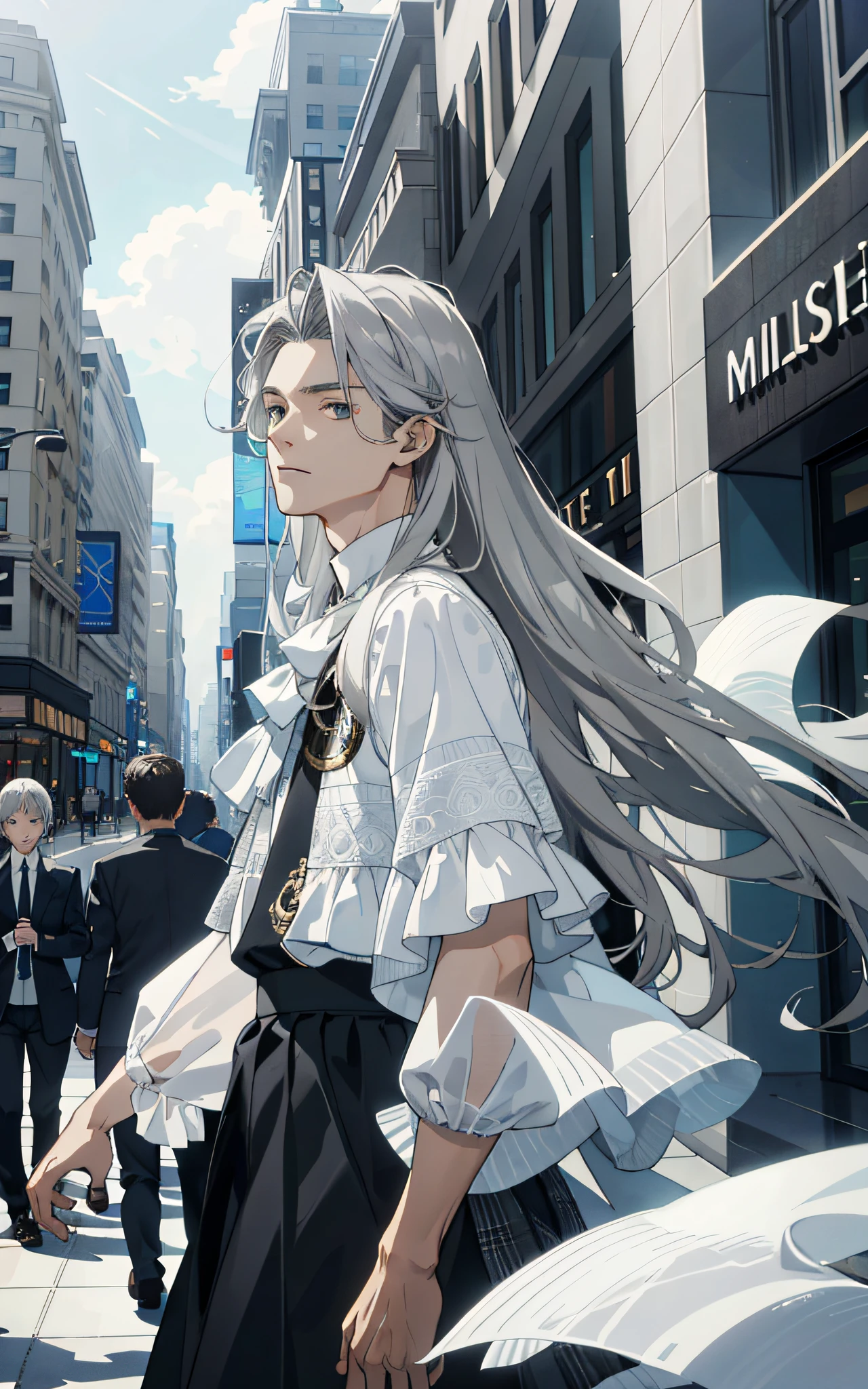 Masterpiece, best quality, 1 male, teenager, delicate eyes, intricate details, (gray hair, long hair, no bangs, delicate skirt, white skin), white, blue, modern, mall, city