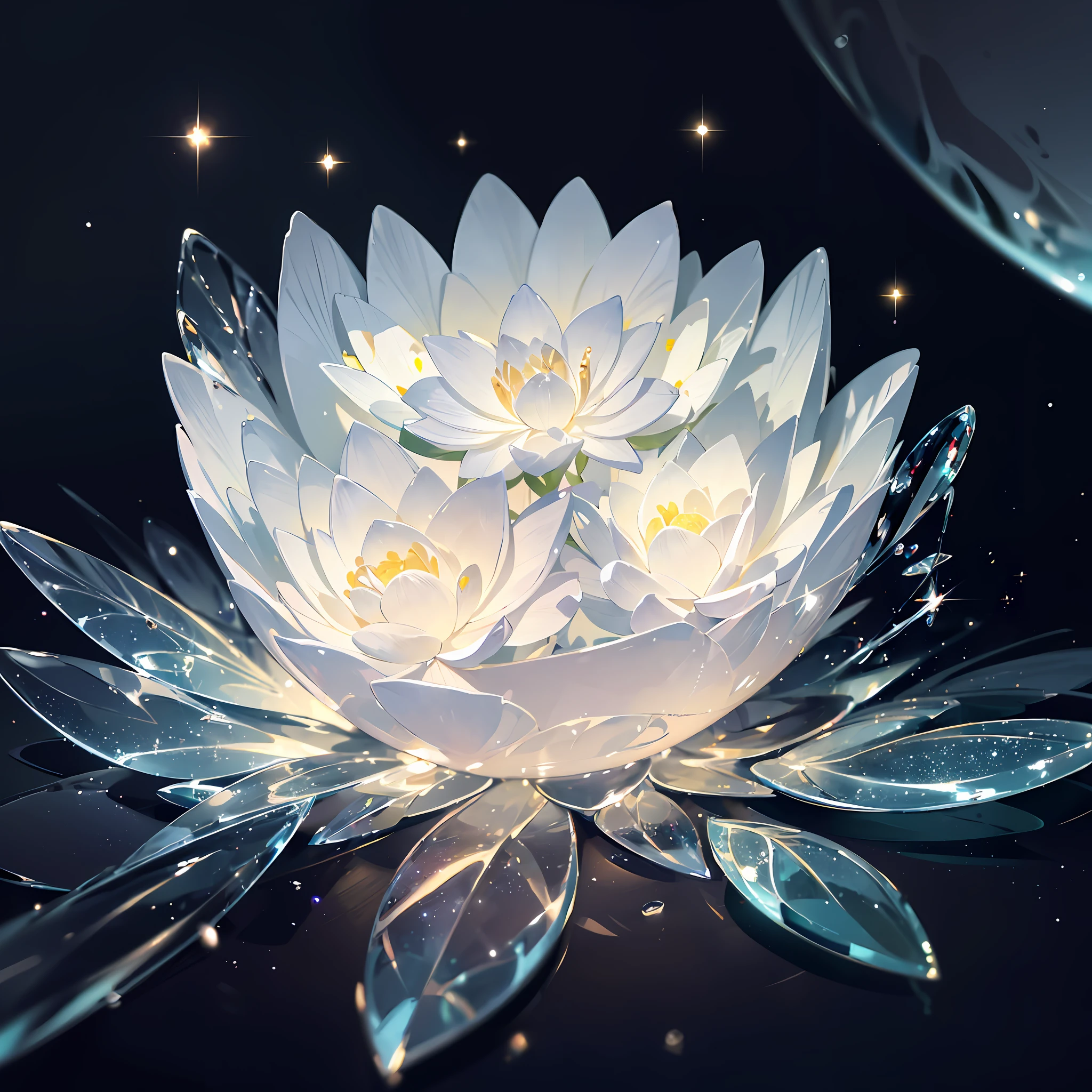 lotus flower, super transparent, holy light, beautiful spectrum light, bright petals, sparkling, transparent light droplets, reflected light, bright, light flowing in, optics, portrait silhouette, sharp focus, magical, intricate, hyper-realistic, fantasy, composition, light, trend artstation, pearl, patron saint silver vapor cloud, eroded family of surrounding rays, 8k, real air 23v4 uplight --auto --s2