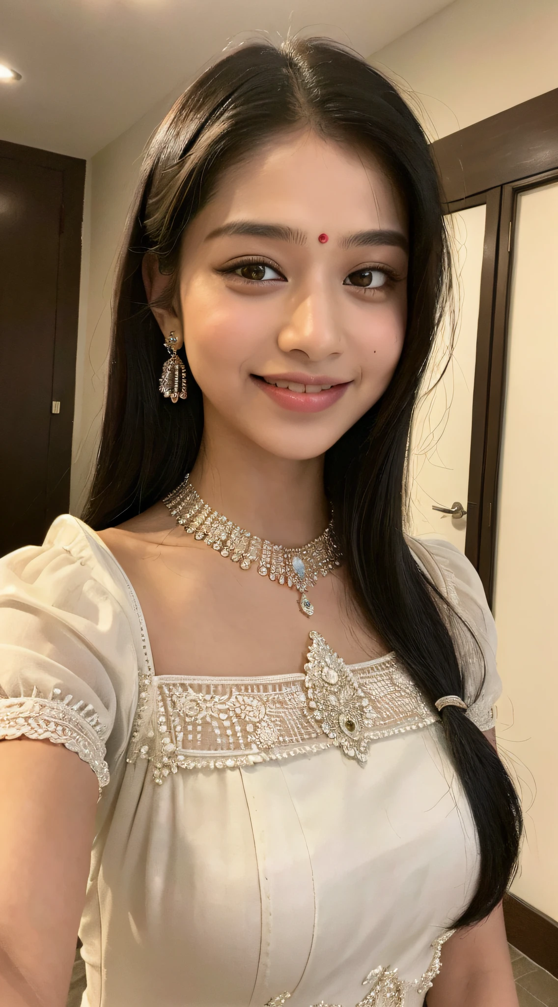 ((Top Quality, 8K, Masterpiece: 1.3)), 1woman, Bindi, Indian beauty, Aryan race, Hairstyle formal, Black hair, Super fine face, Delicate eyes, Smile, Home