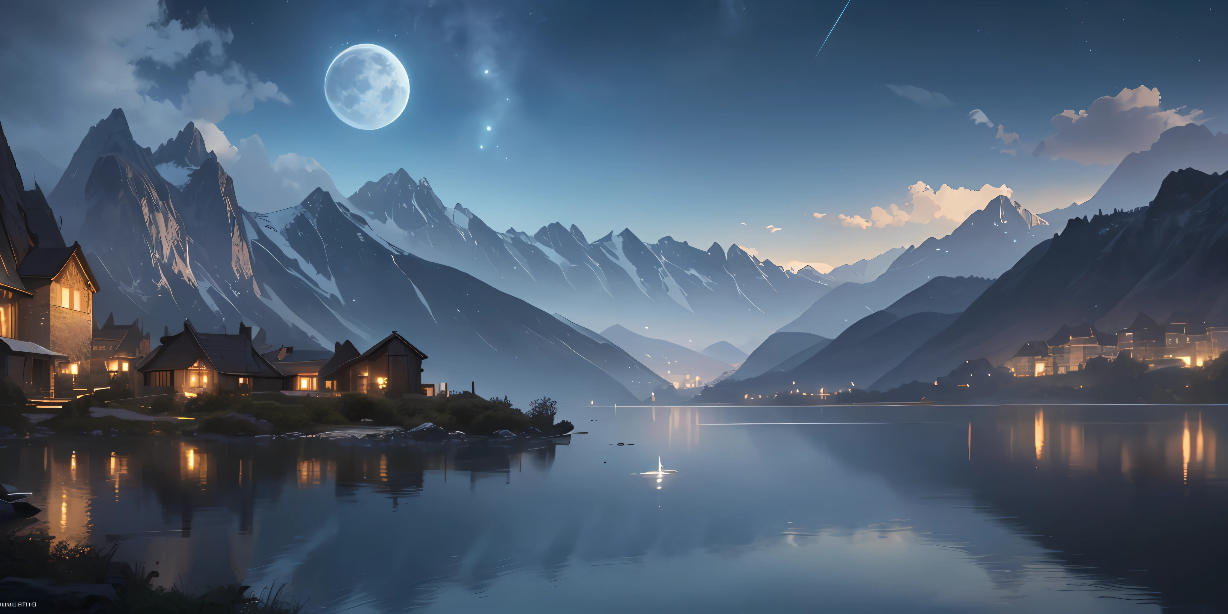 mountains and a lake and a beautiful village with a moon in the sky, dark night time, village is the only source of light, 4k highly detailed digital art, 4 k hd wallpaper very detailed, impressive fantasy landscape, sci-fi fantasy desktop wallpaper, unreal engine 4k wallpaper, 4k detailed digital art, sci-fi fantasy wallpaper, epic dreamlike fantasy landscape, 4k hd matte digital painting, 8k stunning artwork