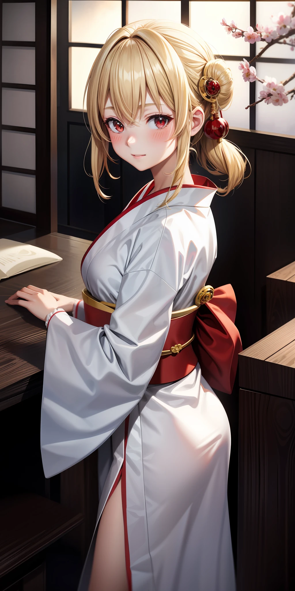 anime, girl 1, blonde, red eyes, white kimono, kamimeki, blush, japanese room,