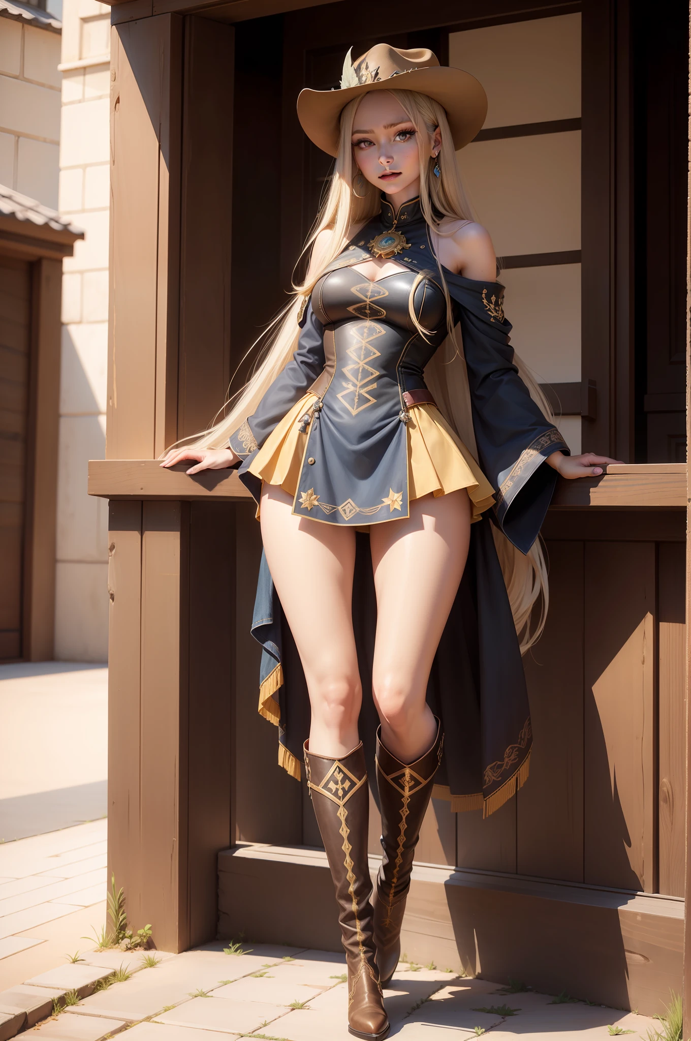 saika1, pointed embroidered cowboy leather boots, full body, masterpiece, best quality, realistic, realistic, super detailed, photo, realistic, best quality, 1 girl, woman, long hair, smile, melon seed face, perfect body ratio, tall figure, long legs, golden ratio body, beautiful appearance, beautiful big eyes, short jacket, denim hot pants, eye shadow.