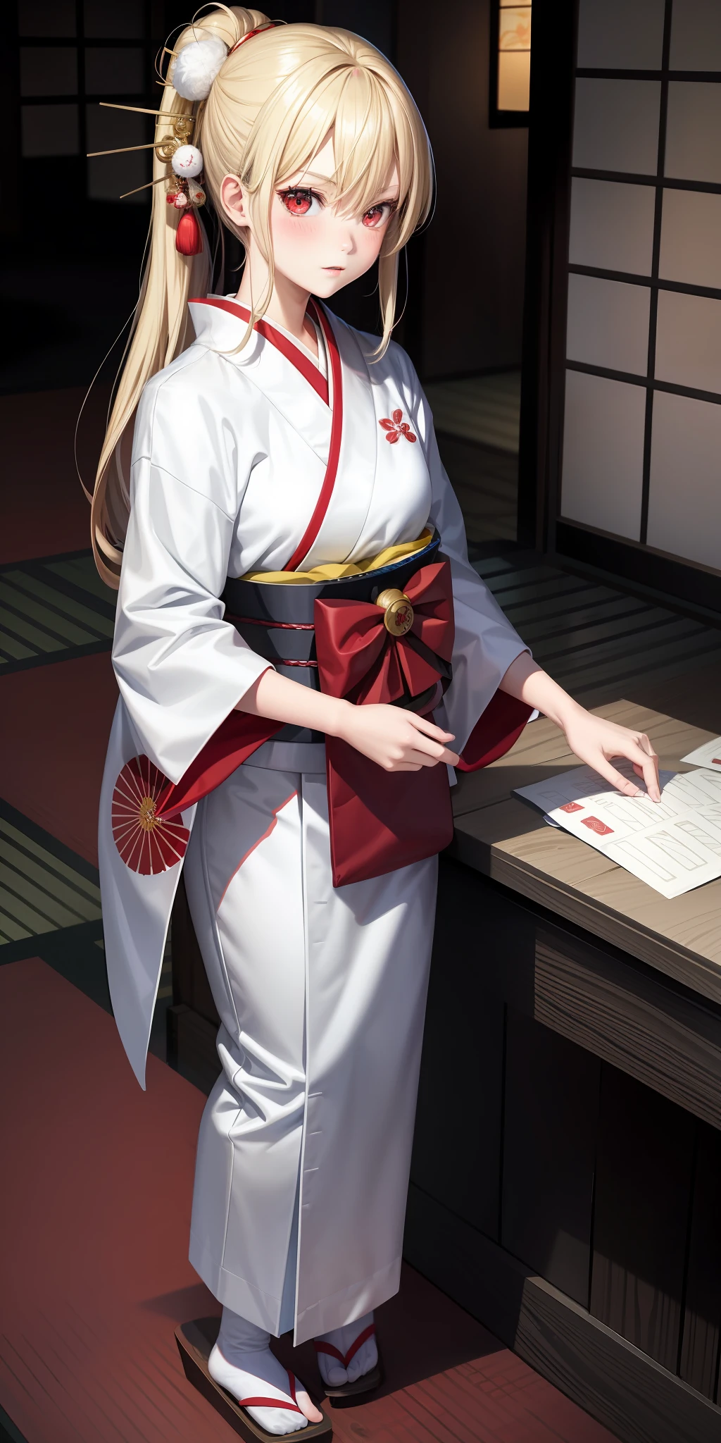 anime, girl 1, blonde, red eyes, white kimono, kamimeki, blush, japanese room,