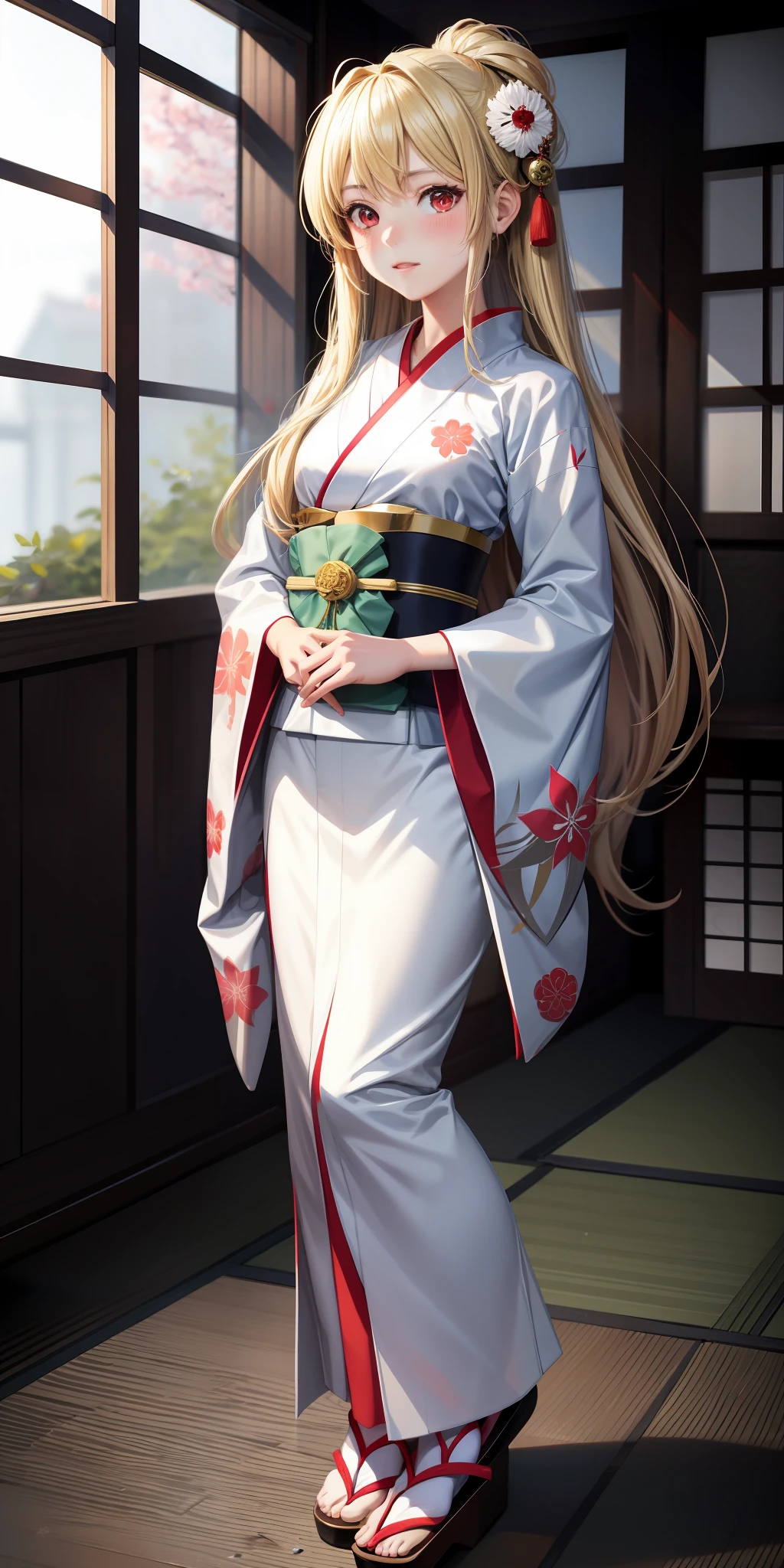 anime, girl 1, blonde, red eyes, white kimono, kamimeki, blush, japanese room,