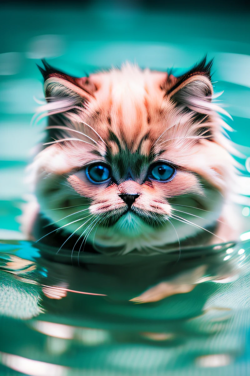 Cute Himalayan cat kitten,swimming in the pool,body is wet,narrow eyes,smile,eos r3 28mm