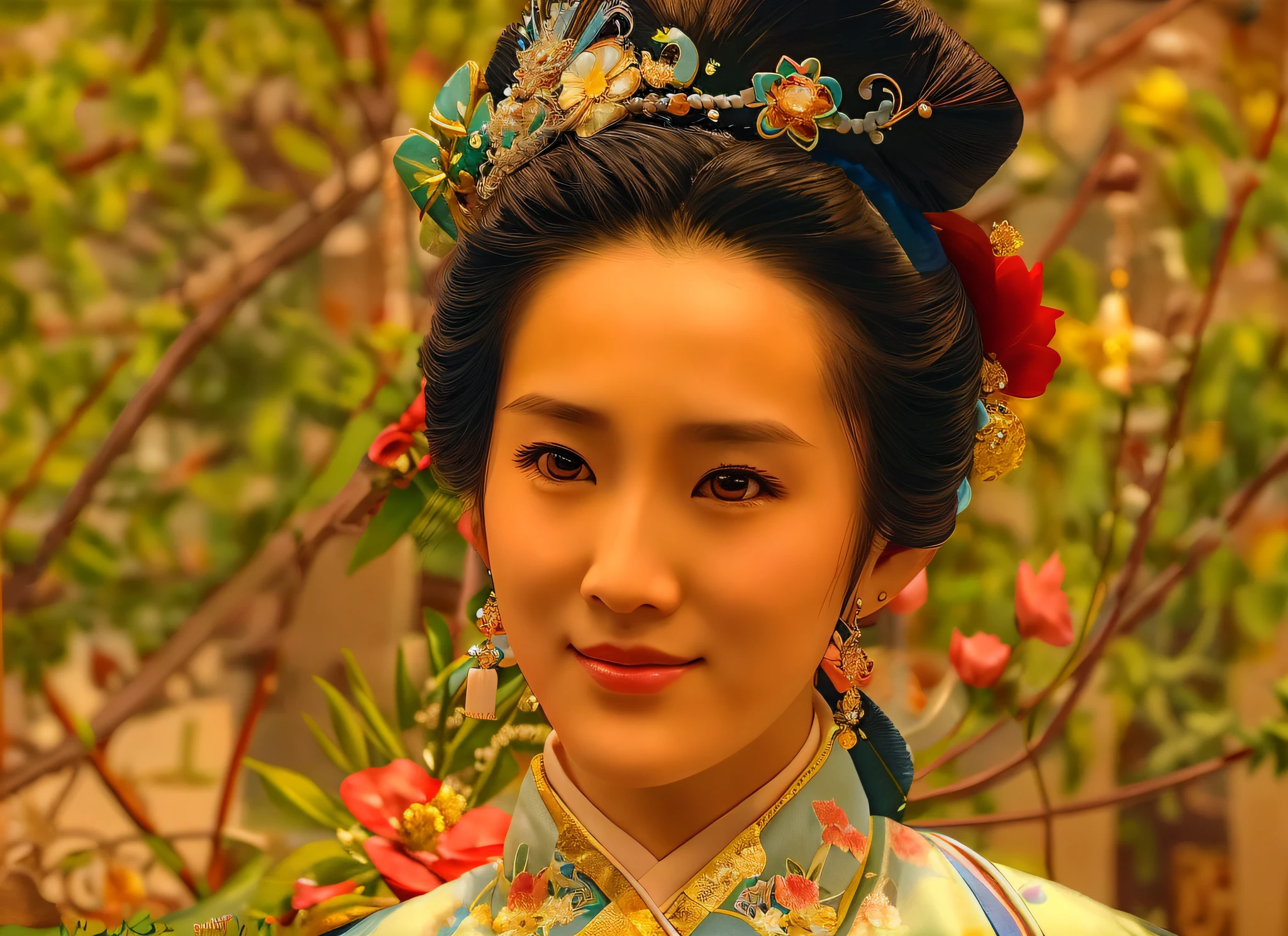 arafed woman in a blue dress with a tiara and a flower in her hair, chinese princess, inspired by Li Mei-shu, queen of the sea mu yanling, chinese empress, maggie cheung, a young woman as genghis khan, gong li, ancient chinese princess, chinese woman, ruan jia beautiful!, in style of pan ren wei