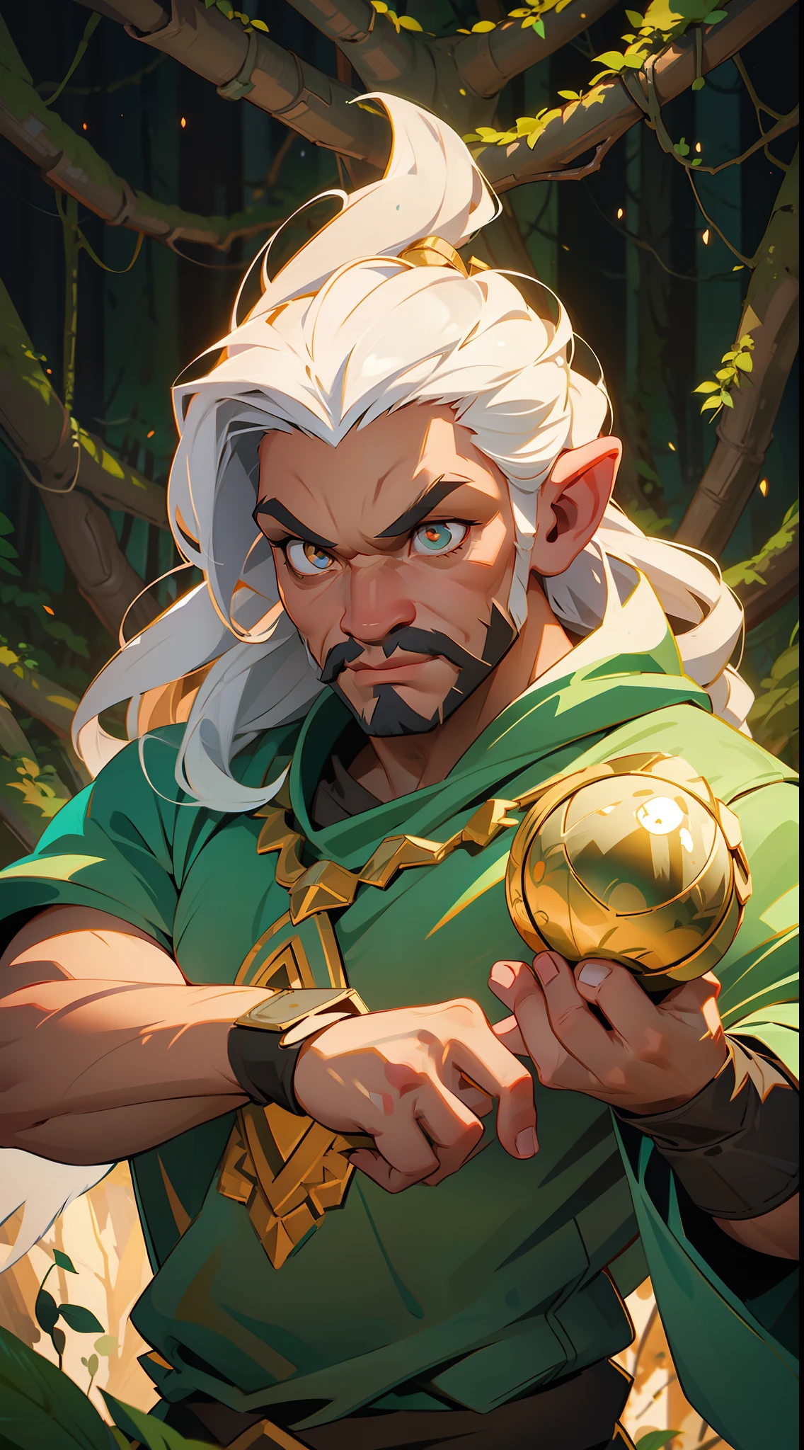 an RPG dwarf, strong, muscular, long white hair, golden eyes, clothes of organic materials, (((background a magic forest)))).