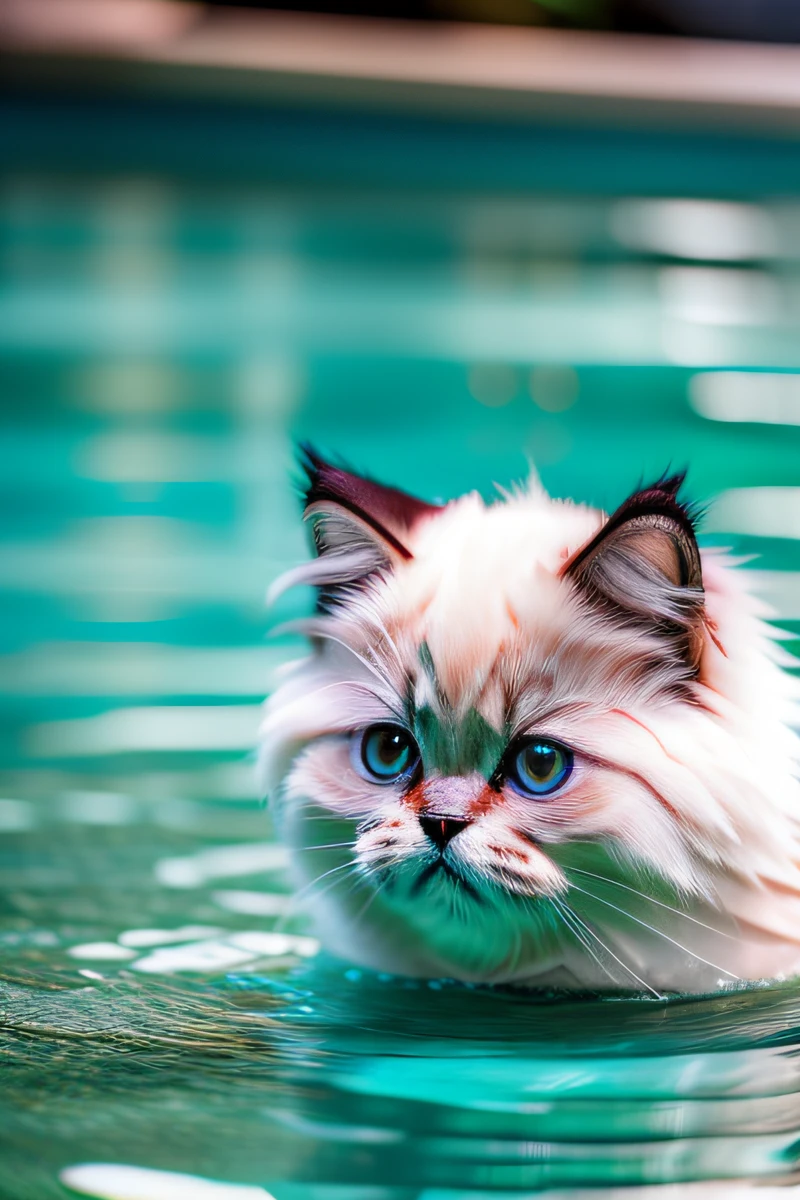 Cute Himalayan cat kitten,swimming in the pool,body is wet,narrow eyes,smile,eos r3 28mm