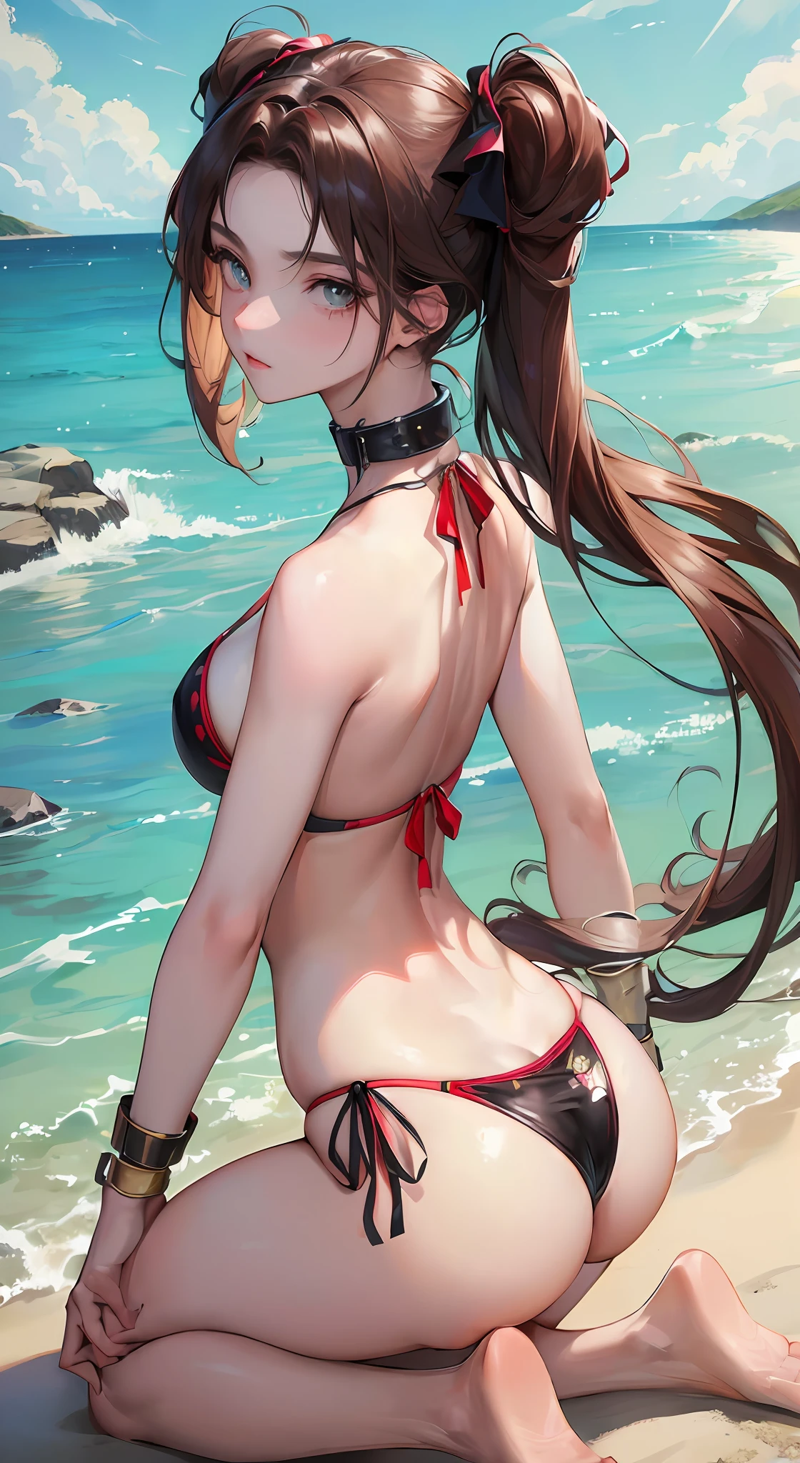 (Masterpiece, Top Quality, Best Quality, Official Art, Beauty and Aesthetics: 1.2), (1 Beautiful Slave: 1.3), (Slave Collar: 1.3) (Kneeling, Point You by Ass: 1.2) (Bikini: 1.3), Close-up of the face